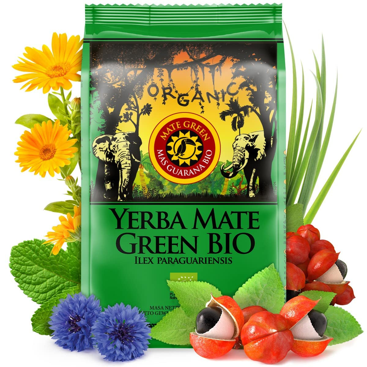 Ceai Mate Bio Recoltat Tradițional, Uscat Fără Fum | Ceai Mate Mas Guarana BIO 200G | Frunze Organice Vrac | Cu Guarana, Frunze de Mentă, Lemongrass, Flori de Cornflower