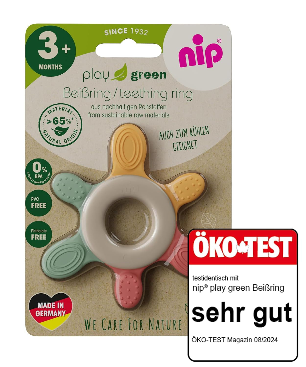 nip – Inel de dentiție | Inel de dentiție sustenabil pentru bebeluși de la 3 luni, fabricat din peste 65% materii prime naturale. Pentru masajul ușor al gingiilor, limbii și dinților | Roșu/Verde/Portocaliu