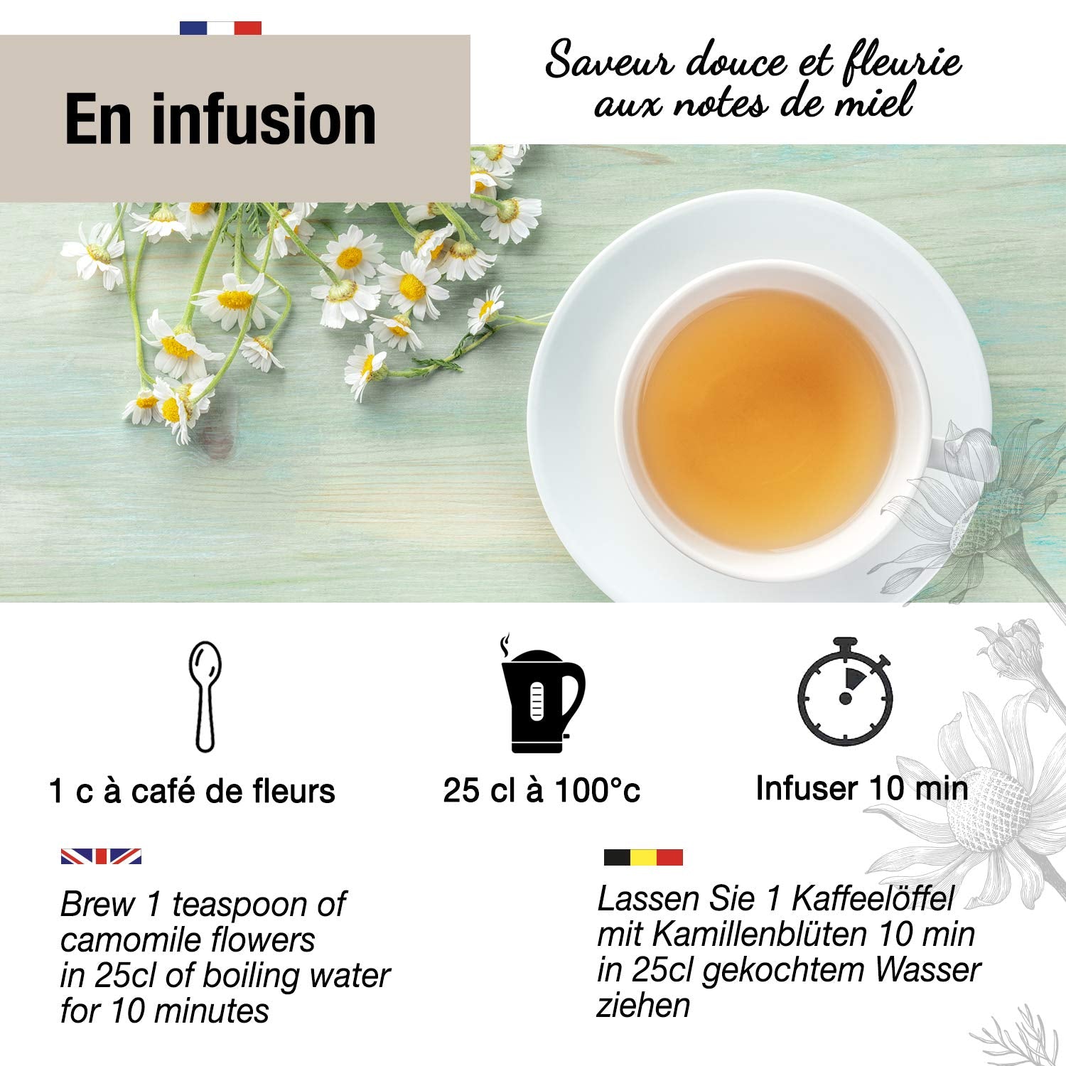 ORIGEENS Ceai organic din flori de mușețel din Europa, 100 g | Frunze de ceai vrac, ceai organic pentru somn și digestie | Mușețel german | Certificat și ambalat în Germania
