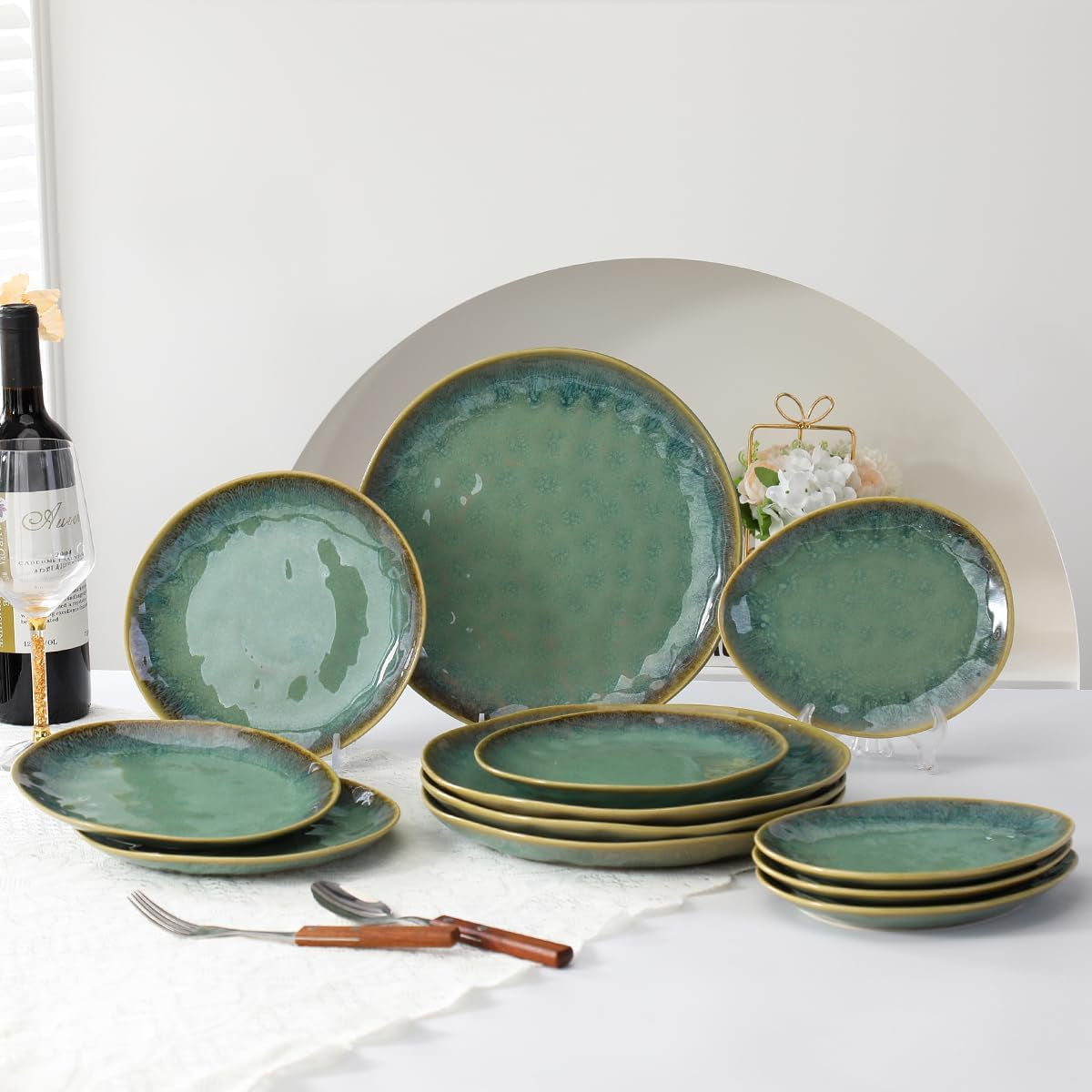 Henten Home Farfurii din gresie specială, boluri pentru gustări și sosuri - 20x17cm pentru 4 persoane, farfurii de mic dejun din porțelan - design modern verde