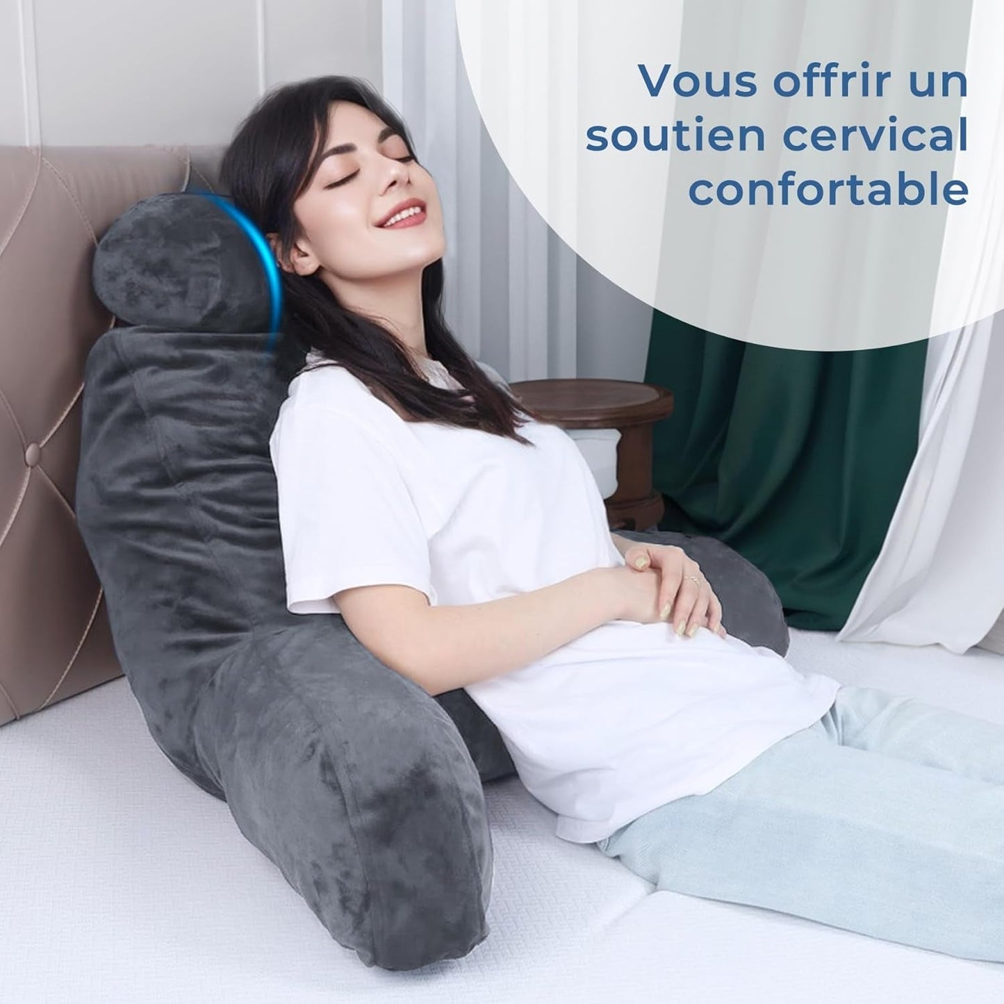 Pernă ergonomică pentru citit INFANZIA cu cotiere, suport pentru spate, mare, gri