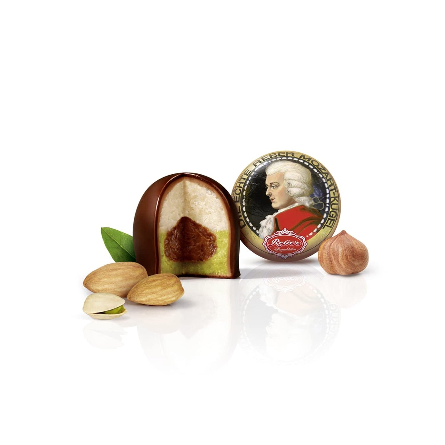 Reber, Duet Mozart-Kugeln, pachet de 2, bile Mozart din ciocolată neagră umplute cu fistic și marțipan, migdale și nuga cu alune, 40g (2 bile Mozart)