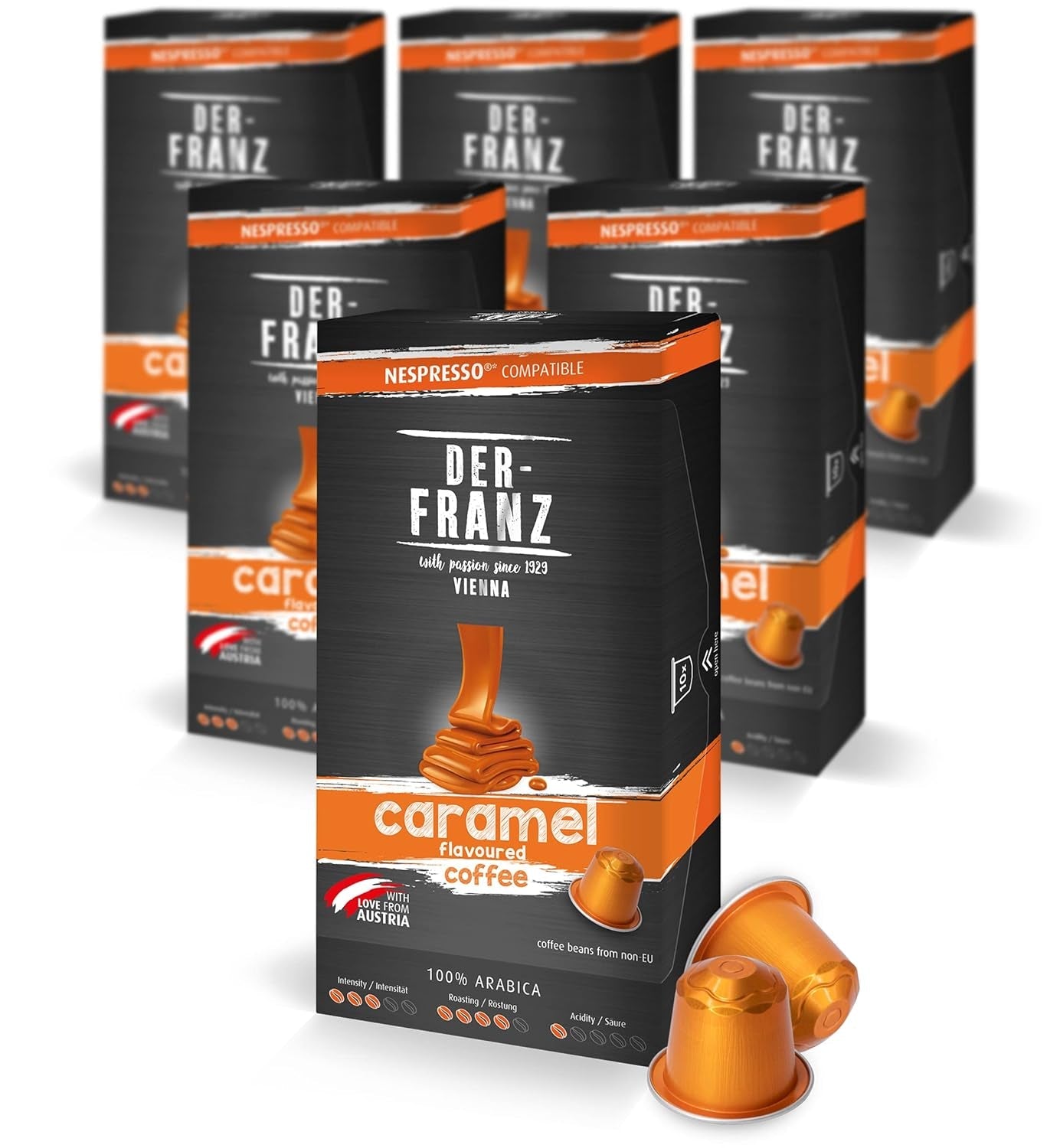 Der-Franz Nespresso kompatible Kaffee Kapseln, 6 x 10 Kapseln, Karamell Aroma, Medium Roast