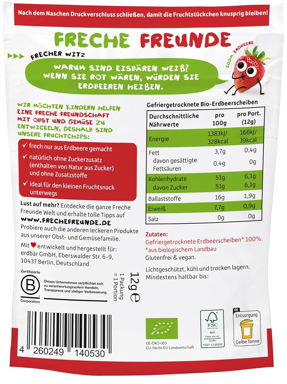 FRECHE FREUNDE Chipsuri de fructe cu căpșuni organice, chipsuri de fructe liofilizate, fructe uscate feliate naturale fără zahăr adăugat, vegane, fără lactoză, fără gluten, pachet de 12 (12 x 12g)