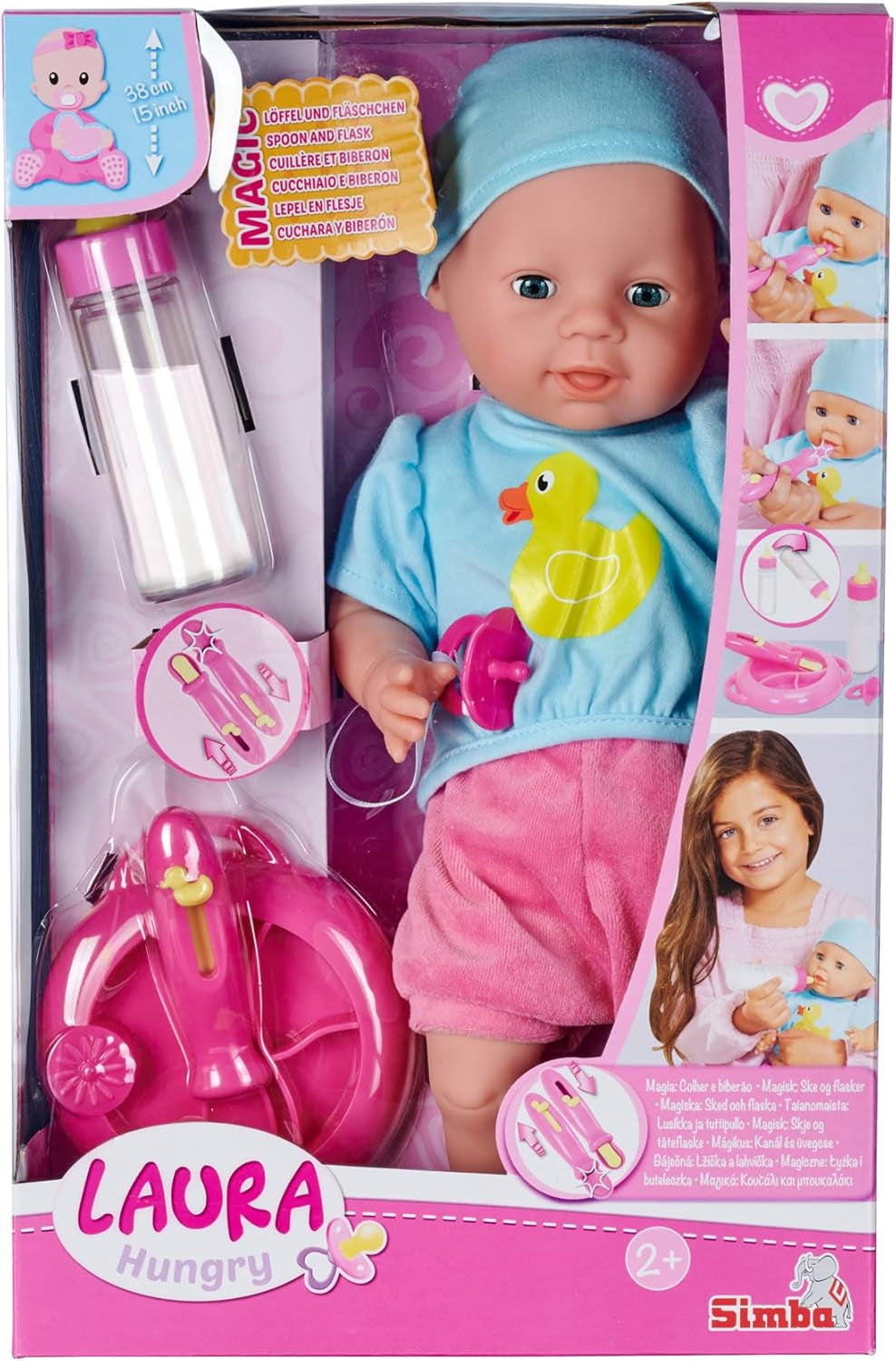 Simba 105010964 - Laura Hungry, păpușă moale cu suzetă, linguriță magică, biberon și farfurie care dispar, 38 cm, păpușă bebeluș pentru copii de la 2 ani