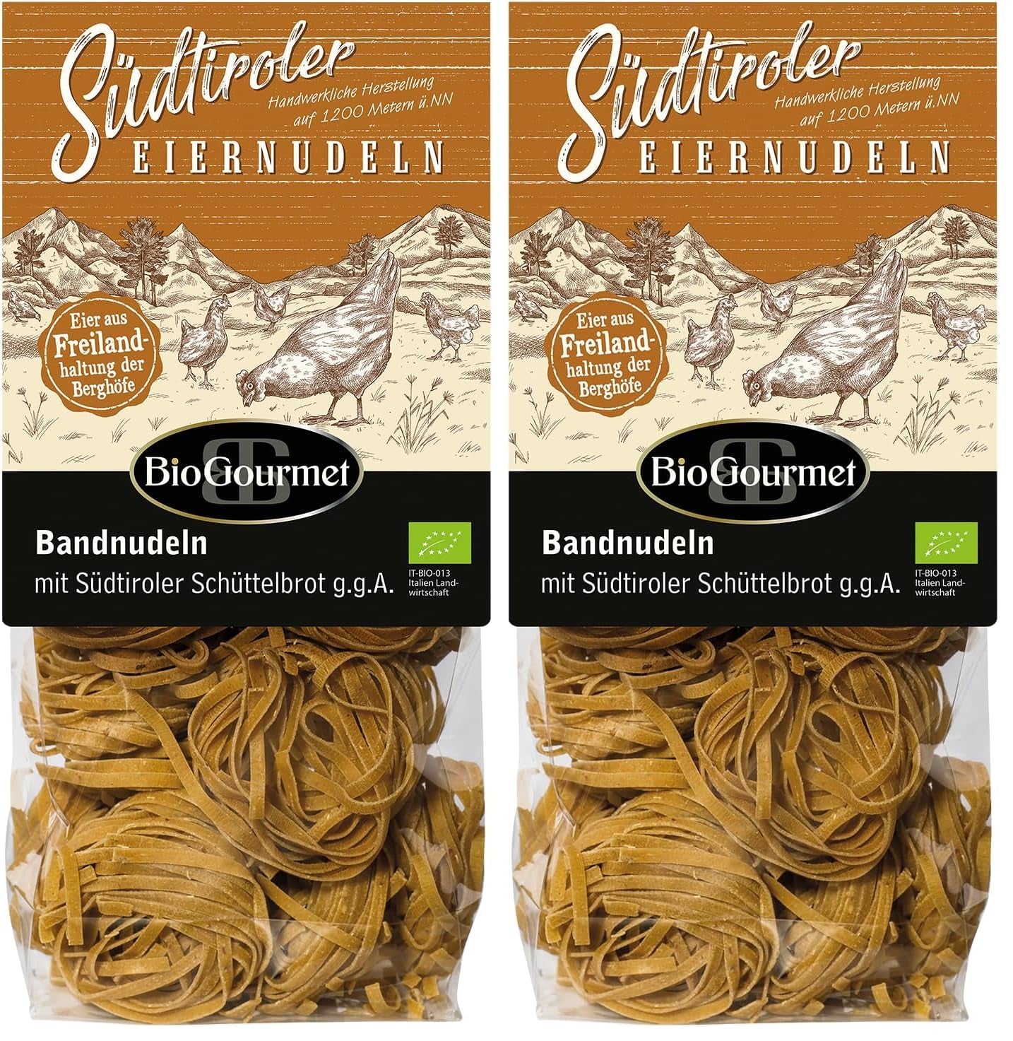 Tăiței panglică BioGourmet cu Schüttelbrot din Tirolul de Sud (IGP) | Tăiței de ou sărați și aromati cu speck autentic din Tirolul de Sud | 1 x 250g Bio