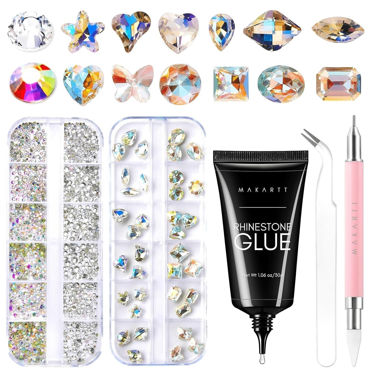 Gel adeziv pentru strasuri Makartt - Set de adeziv UV pentru unghii 15ml cu brelocuri roz pentru unghii, bijuterii pentru unghii în formă de inimă și cerc și accesorii pentru designul unghiilor, pentru manichiură acasă, cadou de Ziua Îndrăgostiților