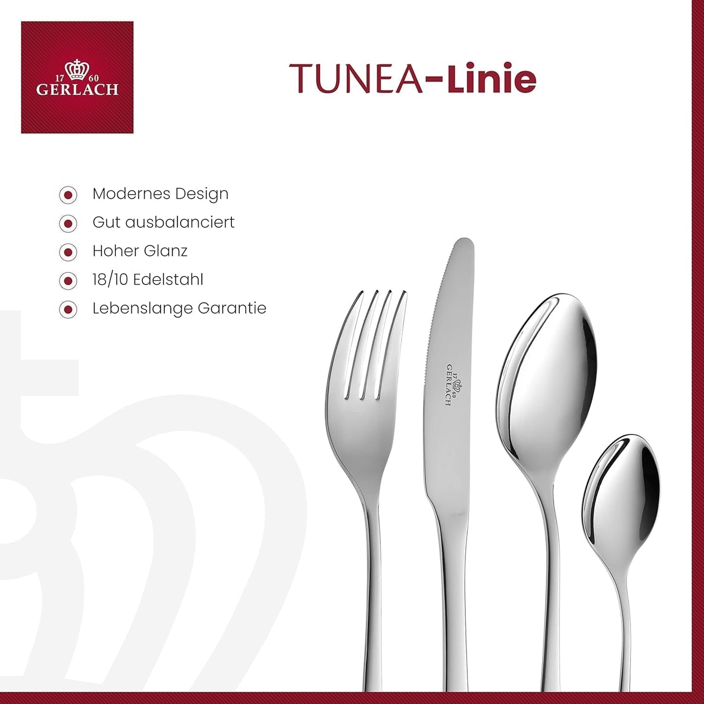 Gerlach 1760 Tunea Set, Tacâmuri din oțel inoxidabil, 24 buc, 6 persoane Bucatarie Naty Shop