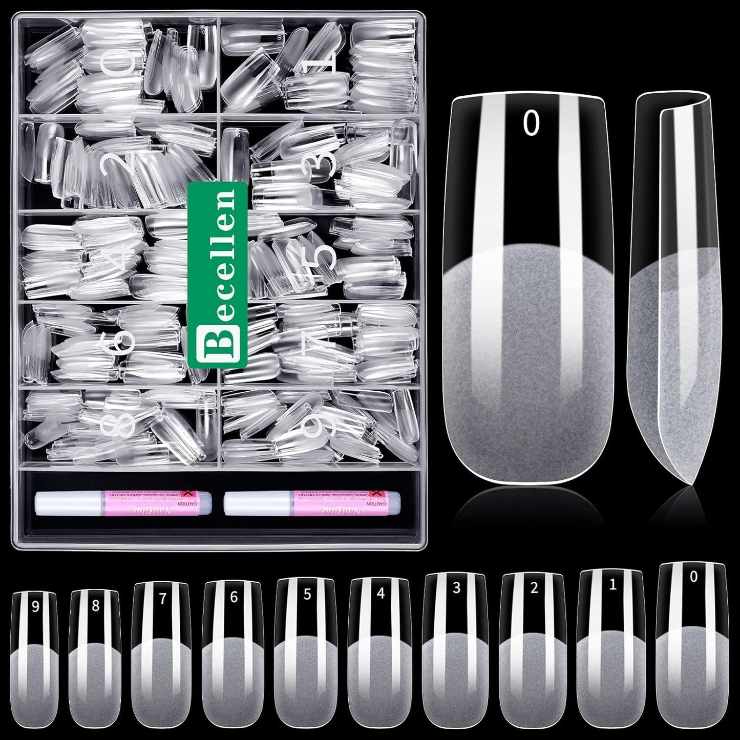 Becellen 500 bucăți vârfuri unghii artificiale, vârfuri unghii cu gel moale, acoperire completă, vârfuri pentru unghii cu gel, unghii artificiale pre-lustruite, set unghii cu lipici pentru nail art DIY (migdale)
