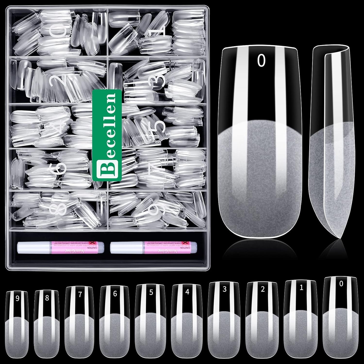 Becellen 500 bucăți vârfuri unghii artificiale, vârfuri unghii cu gel moale, acoperire completă, vârfuri pentru unghii cu gel, unghii artificiale pre-lustruite, set unghii cu lipici pentru nail art DIY (migdale)