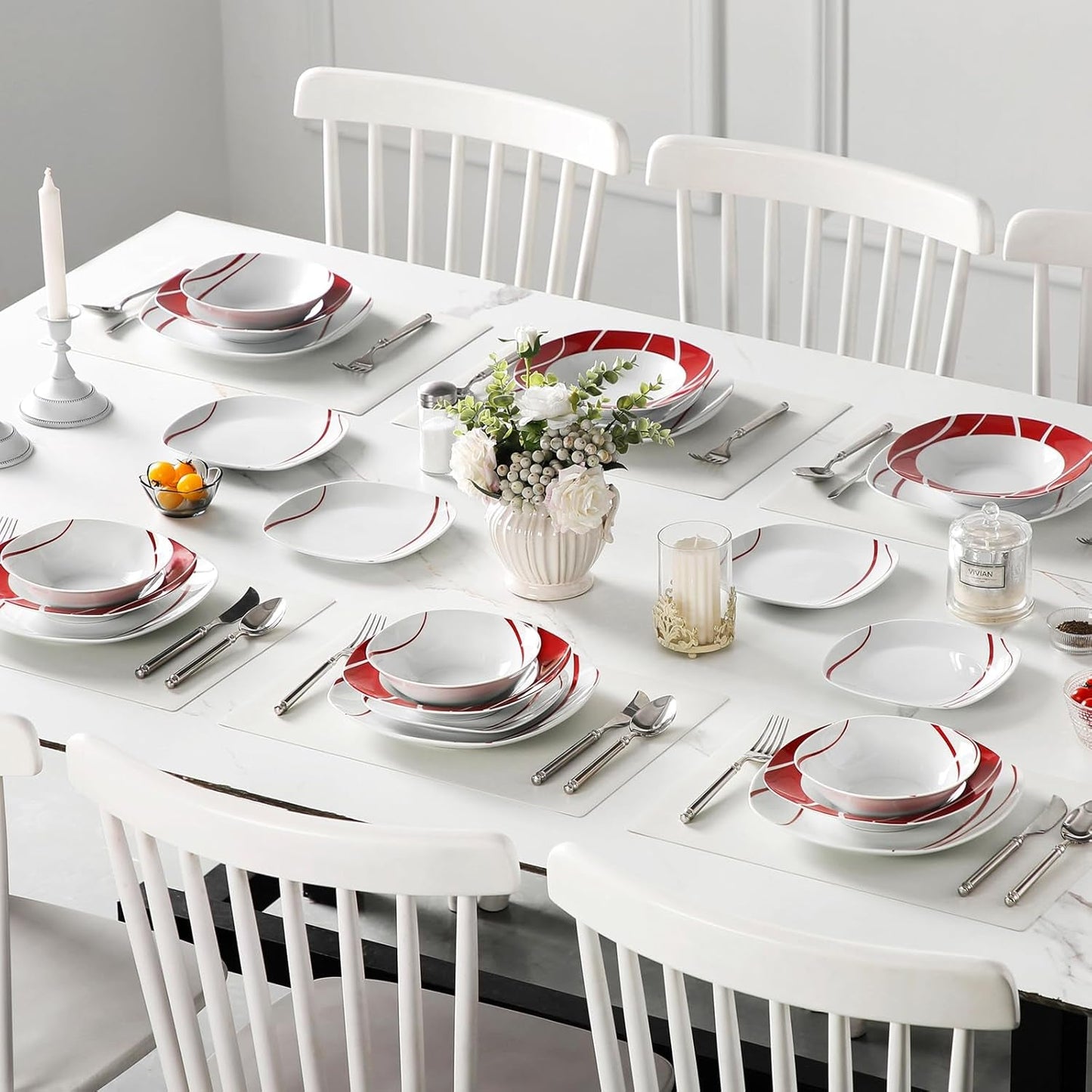 Set de veselă MALACASA pentru 6 persoane, serviciu de masă din porțelan Felisa cu 24 de piese, set de veselă modern cu 6 farfurii de cină, farfurii de desert, farfurii de sumă și boluri, perfect pentru Crăciun și pentru uz zilnic