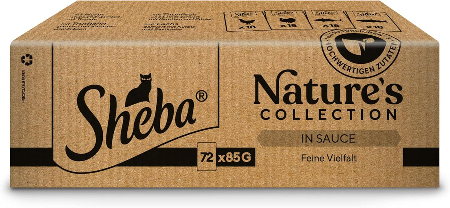 Colecția SHEBA Nature's în sos - Hrană umedă de înaltă calitate pentru pisici, varietate fină (MSC) în pliculețe porționate - 72 x 85g