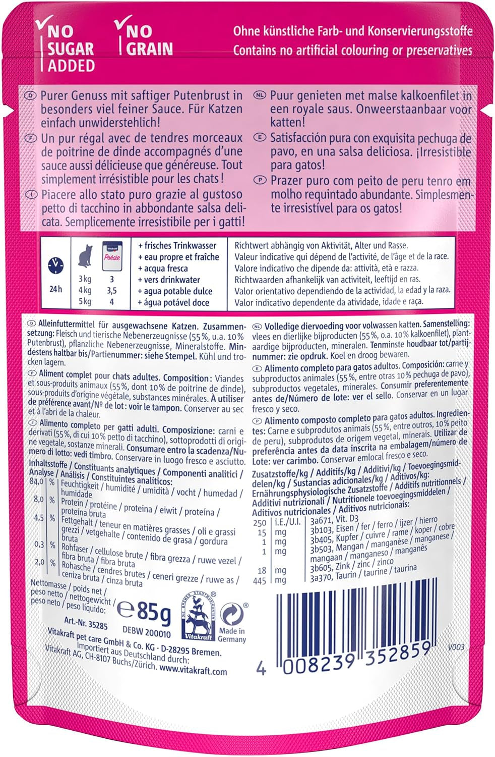 Vitakraft Poésie Délice, hrană umedă pentru pisici, hrană pentru pisici în sos, cu curcan, pachet vrac, fără zahăr adăugat sau cereale (23 x 85g)