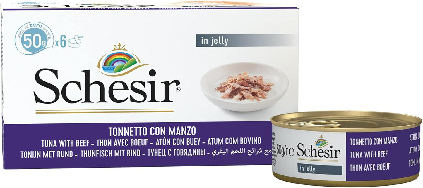 Jeleu pentru pisici cu ton și vită, hrană umedă pentru pisici în jeleu, 8 x 6 conserve x 50 g