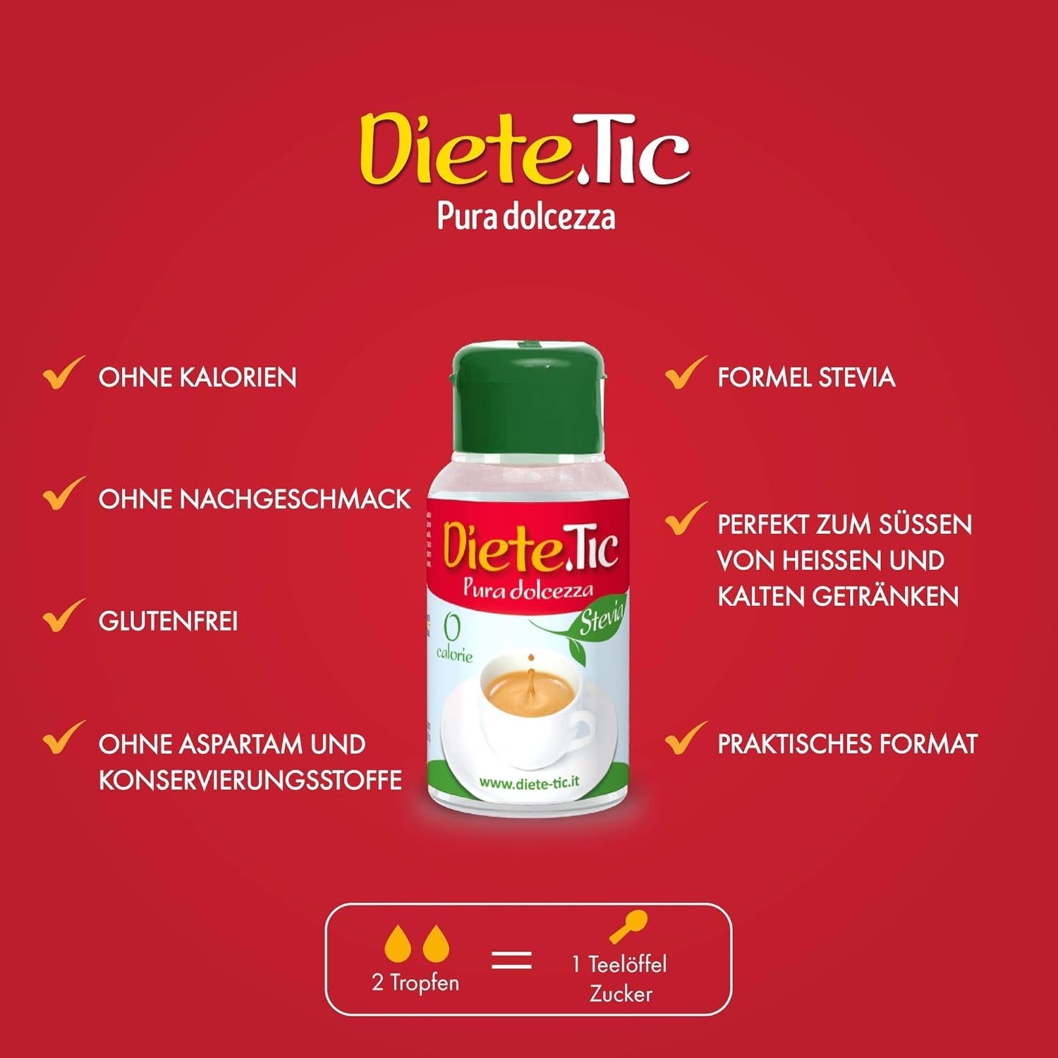 Diete.Tic, Îndulcitor lichid cu stevie, zero calorii, pachet convenabil de 3 x 50 ml (1000 picături), fără gluten, fără conservanți, excelent pentru îndulcirea băuturilor, iaurturilor și salatelor de fructe