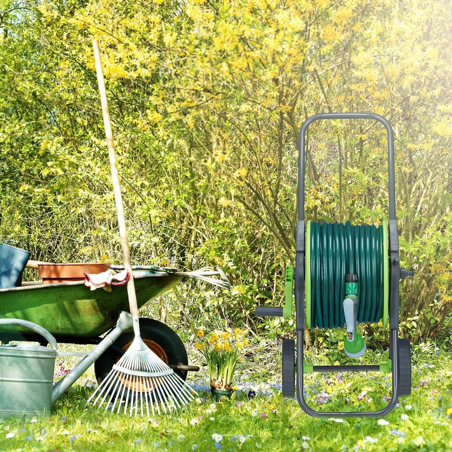 Cărucior furtun Relaxdays, rolă mobilă pentru furtun de apă de 45 m, 1/2 inch, grădină, 82,5 x 43 x 34 cm, gri-verde