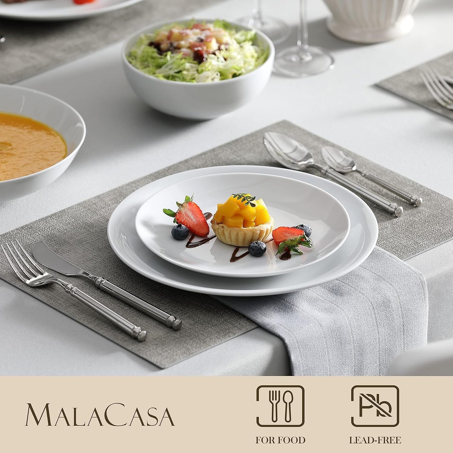 Set de veselă MALACASA pentru 12 persoane, Set de veselă modern din porțelan Amelia, 48 de piese, Serviciu de masă cu 12 farfurii de cină, farfurii de desert, farfurii de sumă și boluri pentru cereale, Set de farfurii modern pentru 12 persoane - Alb