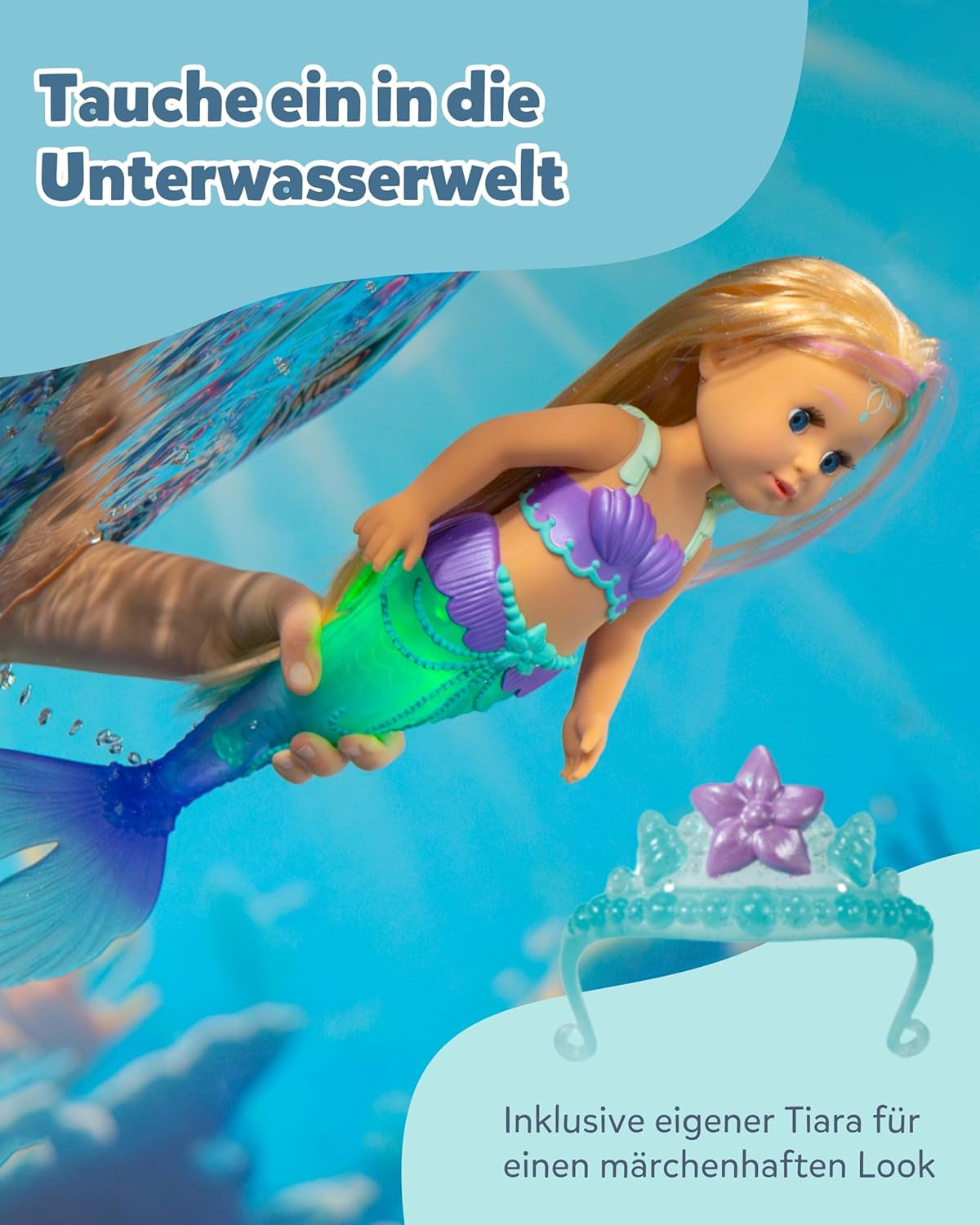 Păpușă BABY Born Mermaid - 43 cm - Păr de înaltă calitate cu șuvițe colorate - Aripioară coadă luminoasă - Funcționează cu baterii - Potrivită pentru copii cu vârsta de 3 ani și peste