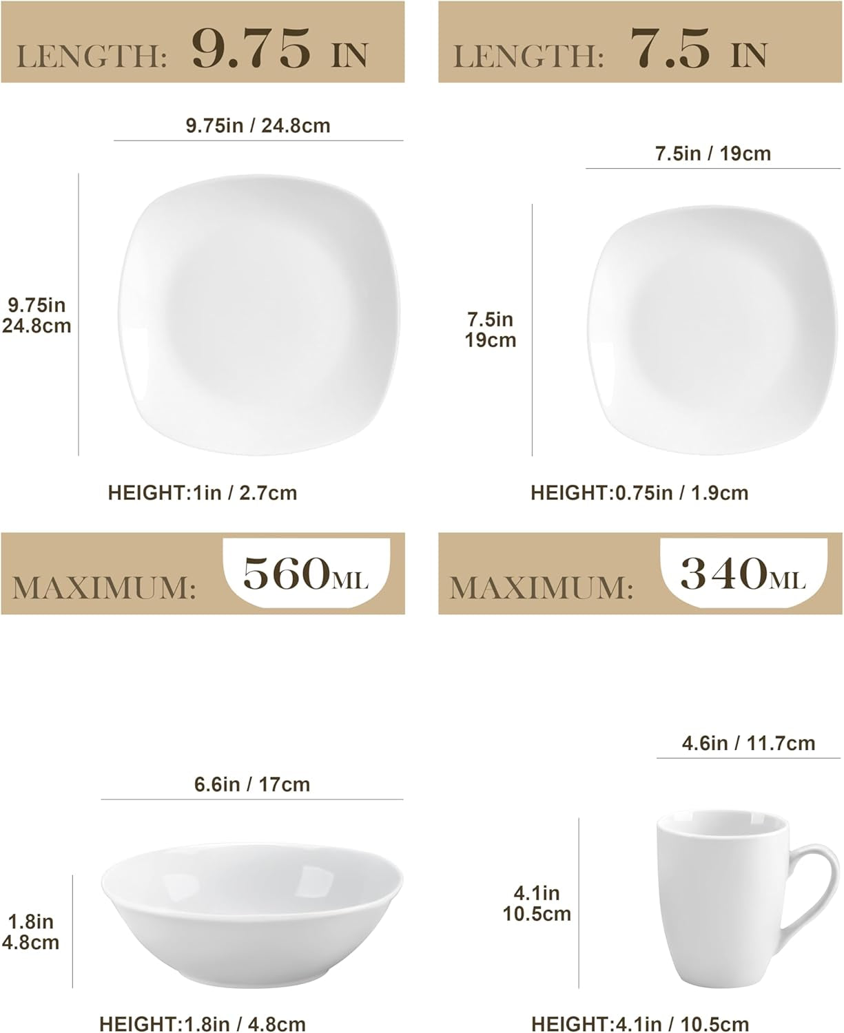 Set de veselă MALACASA pentru 4 persoane, serviciu de masă cu 16 piese din porțelan alb, set de veselă modern cu 4 farfurii de cină, farfurii de desert, farfurii de sumă și cești, seria ELISA