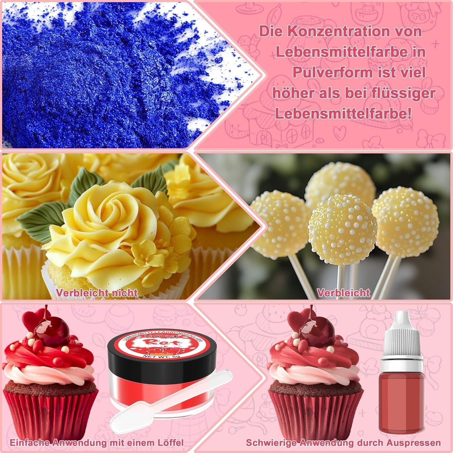 Set coloranți alimentari pudră - 4x5g colorant alimentar concentrat pentru fondant, cremă de unt, colorant alimentar vibrant pentru copt, decorare tort, colorare ouă de Paște, macaroane, Ziua Tuturor Sfinților