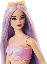 Păpușă sirenă Barbie cu păr fantezie în roz și lila cu bentiță, păpușă cu partea de sus din scoică și aripioară din coadă albastru lavanda, HRR06 Papusi Naty Shop
