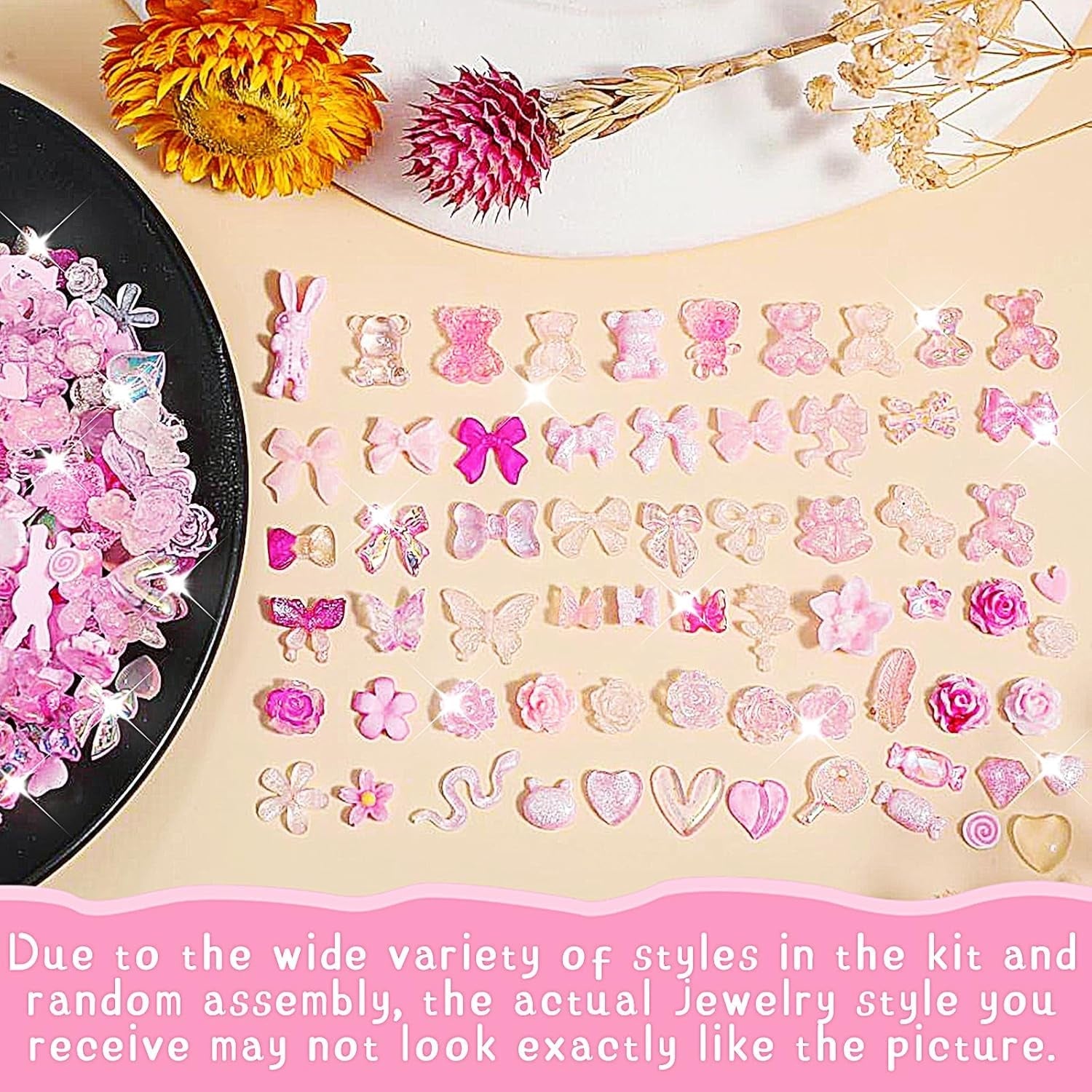 200 piese Nail Art Charms 3D Nail Art Decoration Set Arc Nail Pendant Roz Stil Mixt Arc Floare Ursuleț Acadea În formă de Inimă Nail Art Decorare DIY Craft Nail Design