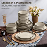 Set de veselă pentru 6 persoane, serviciu de cină din gresie cu 18 piese, set combinat, 6 farfurii de cină, 6 farfurii de desert, 6 boluri pentru cereale, antizgârieturi și potrivit pentru cuptorul cu microunde - Karst Khaki