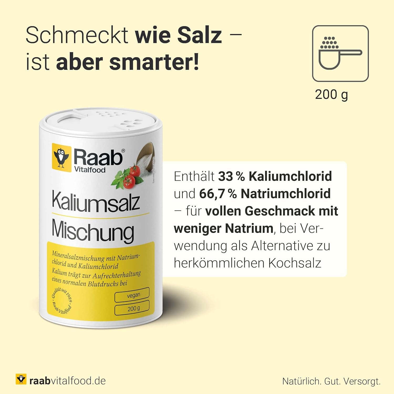 Raab Vitalfood Kaliumsalz-Mischung, Mineralsalzmischung mit 66,7% Natriumchlorid (Kochsalz) und 33% Kaliumchlorid, Kalium trägt zur Aufrechterhaltung eines normalen Blutdrucks bei (1 x 200 g Dose)