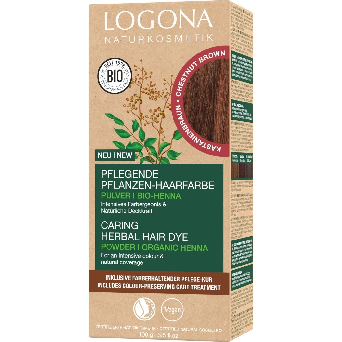 LOGONA Natural Cosmetics Vopsea de păr hrănitoare pe bază de plante, vopsea de păr vegană pudră cu henna organică pentru culoare intensă și strălucire, vopsea de păr pe bază de plante în blond cupru (blond), 1 x 100g Vopsea pentru par Naty Shop Castaniu 100 G (1 pachet)