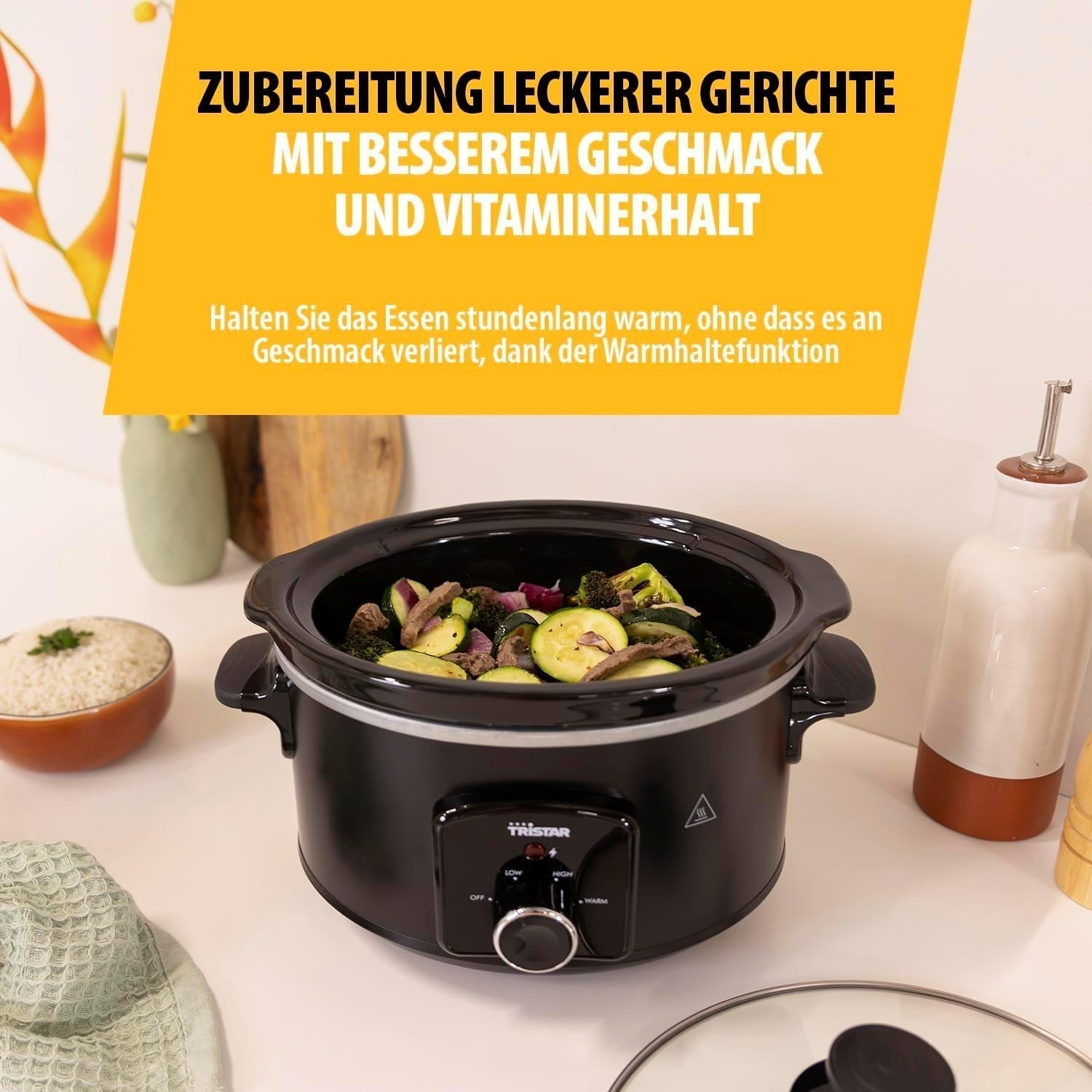 Tristar VS-3915 slow cooker, vas ceramic din oțel inoxidabil cu 2 setări de căldură și funcție de menținere la cald, 3,5 L Slow Cooker Naty Shop