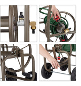 Cărucior furtun Relaxdays XL, rolă mobilă pentru furtun, metal, pentru furtun de 60 m, 4 roți, cu manivelă, derulare la 90°, maro