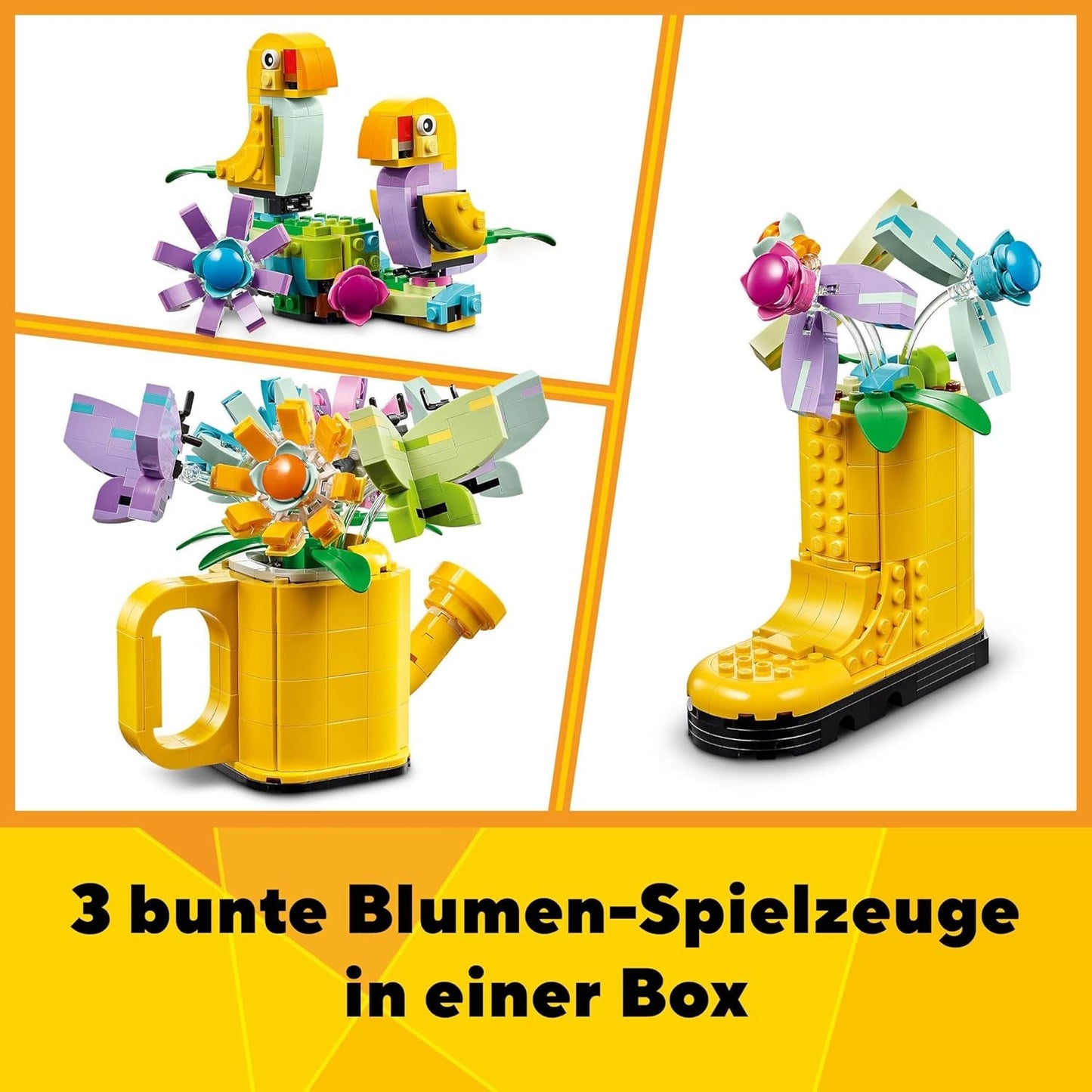 LEGO Creator 3In1 Set de stropitoare cu flori, decorare cameră copii, construiește o stropitoare cu buchet de flori, cizme de cauciuc sau 2 păsări de jucărie, cadou creativ pentru fete și băieți de la 8 ani 31149 Seturi de constructie Besuche den LEGO-Store