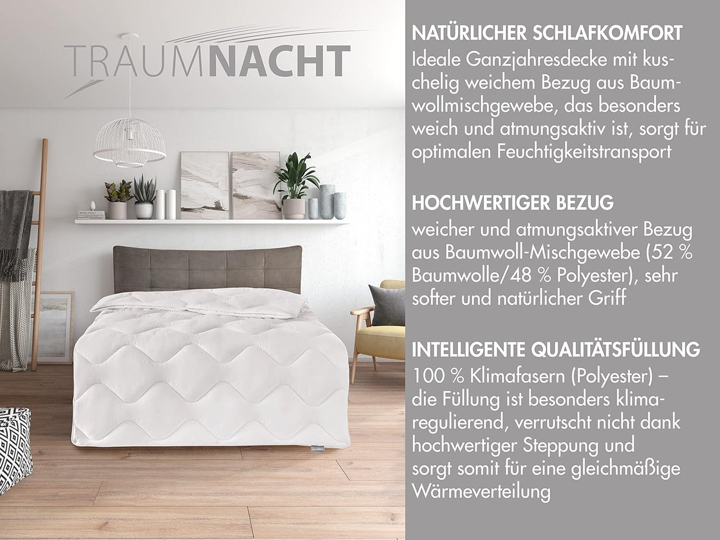 Traumnacht Comfy Cotton Mono plapumă pentru toate anotimpurile, Plapumă de tranziție ideală cu capac din amestec de bumbac, 135 X 200 cm, lavabilă, certificată Oeko-Tex, produsă în conformitate cu standardul de calitate german Plapumi si pilote Naty Shop