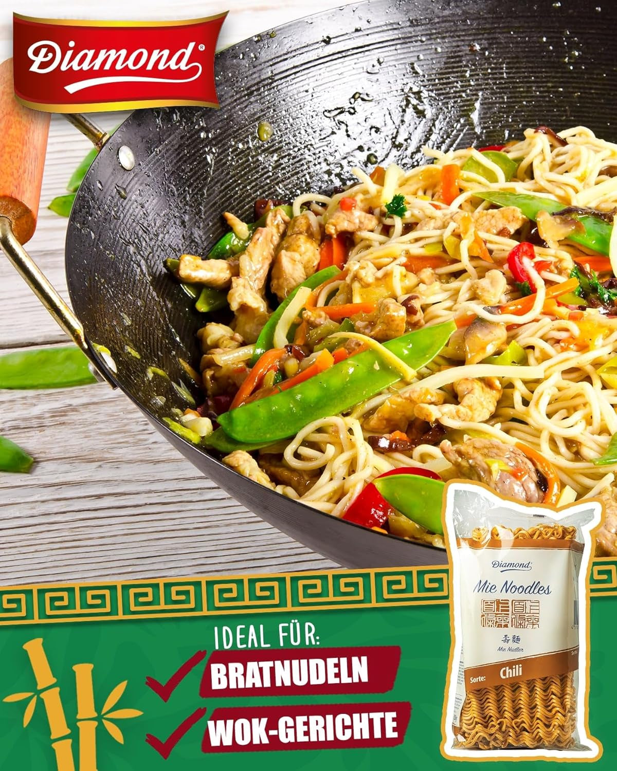 Tăiței DIAMOND Mie Chili, tăiței din grâu cu pudră de chili, fără ouă, preparați rapid și ușor, vegetarieni - 1 x 250 g