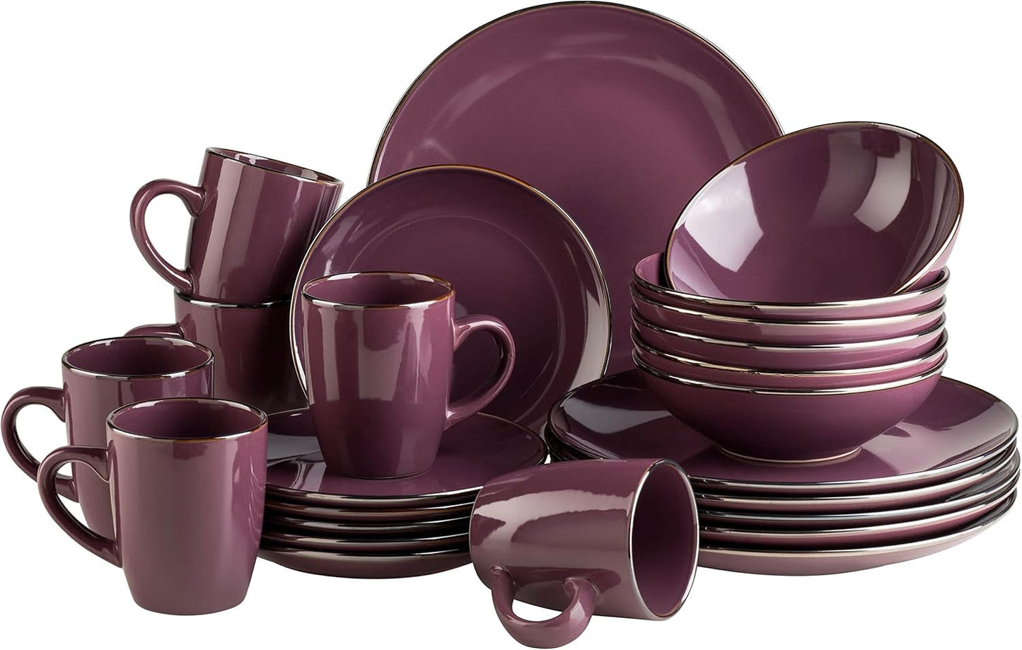 MÄSER Ramă metalică, Set de veselă modern pentru 6 persoane cu ramă de culoarea alamei, Serviciu combinat cu 24 de piese cu forme de cupe fără ramă, Gresie, Gri