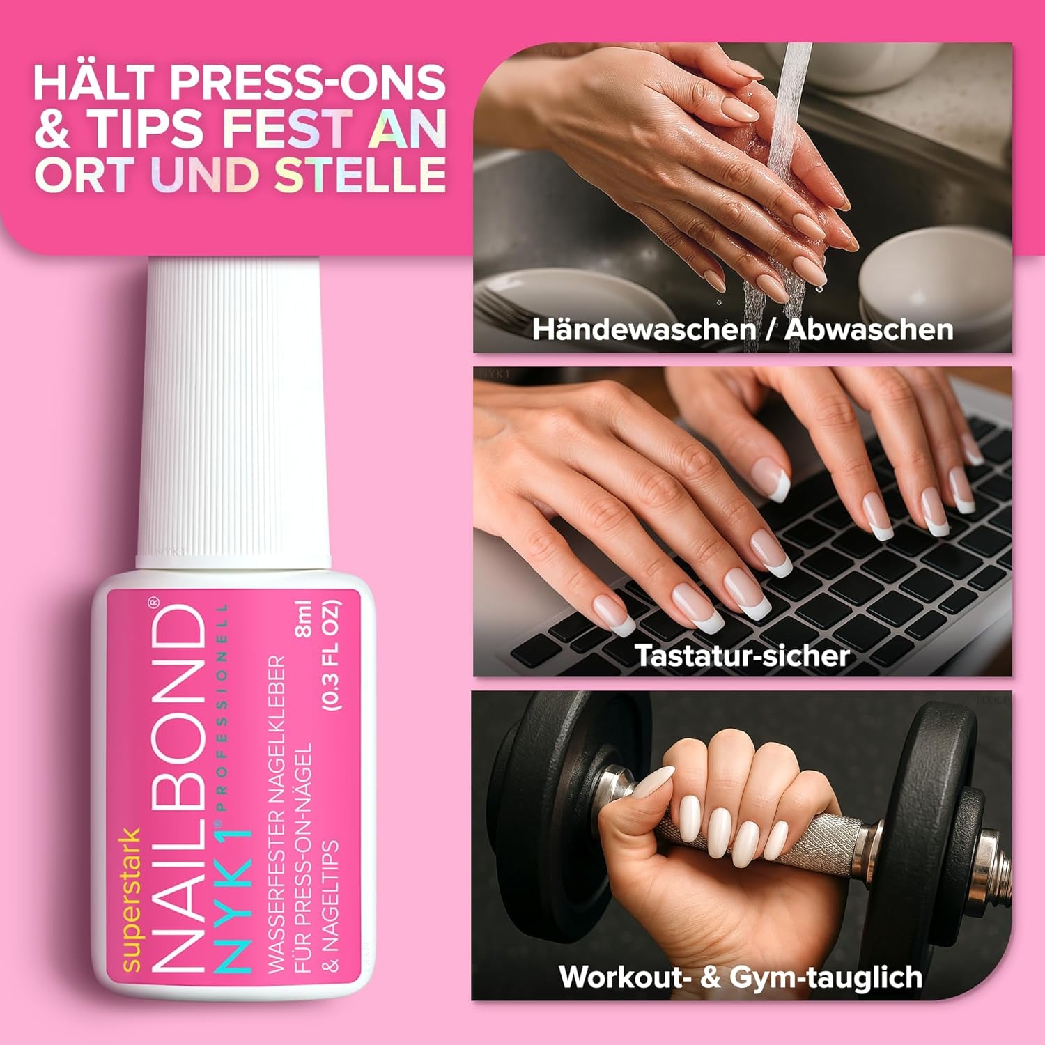 NYK1 Nailbond Lipici pentru unghii artificiale Extra puternic (8ml) Lipici pentru unghii cu pensulă pentru vârfuri, unghii prin presare și unghii acrilice Lipici pentru unghii - Lipici pentru unghii crăpate Lipici antifungic pentru unghii