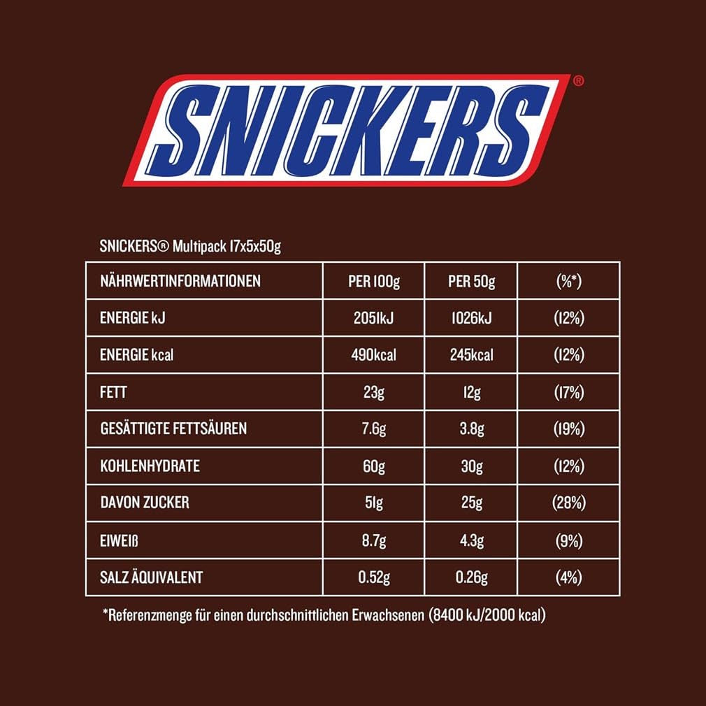 Baton de ciocolată Snickers, arahide, caramel, un pachet de 5 batoane | Gustare fotbal | (1 x 5 x 50 g)