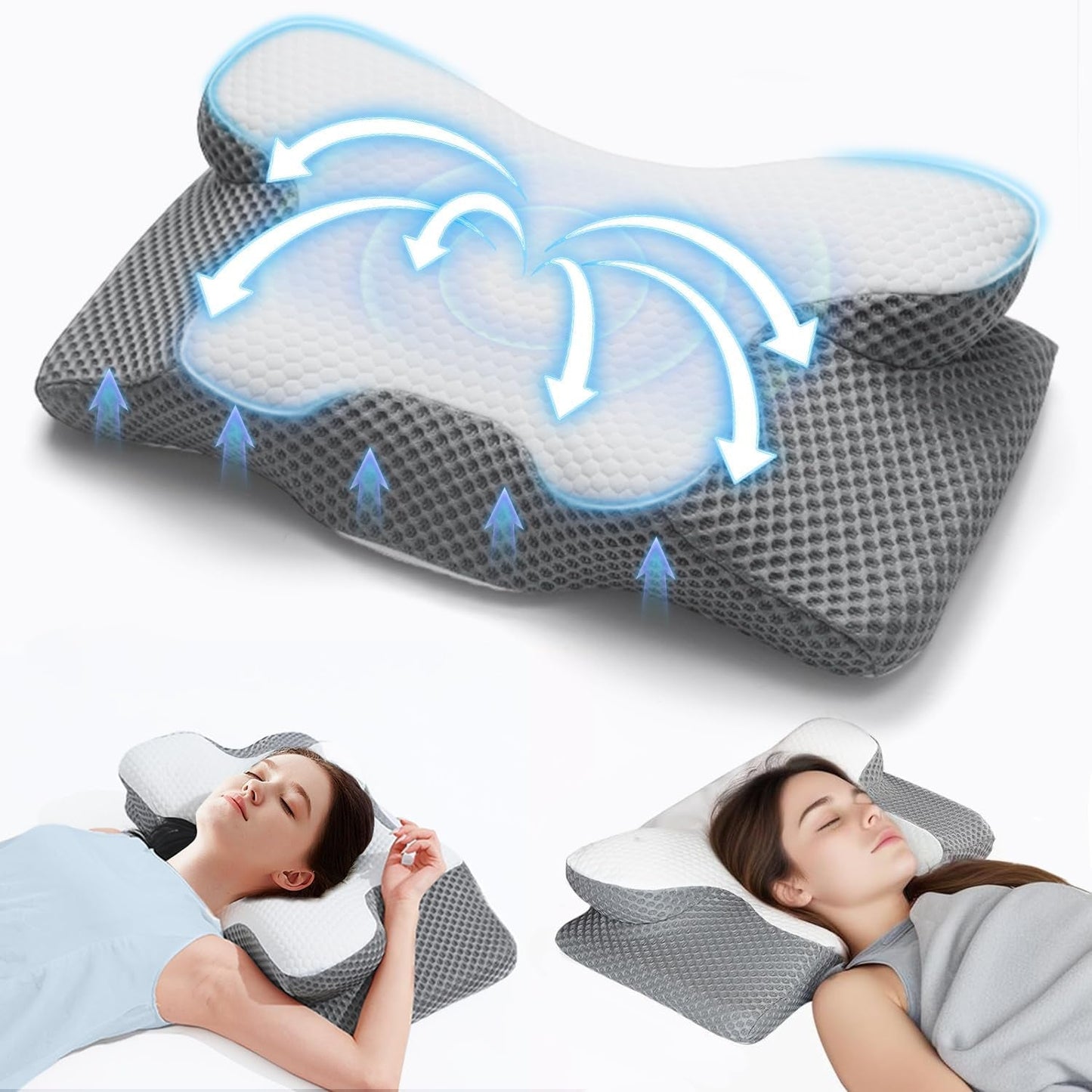 Pernă pentru gât 2 în 1 Pernă, pernă cu spumă de memorie, pernă ortopedică ergonomică, 2 înălțimi de dormit, pernă de sprijin pentru gât pentru sprijin lateral / spate / burtă Perne ortopedice cervicale Naty Shop Gri