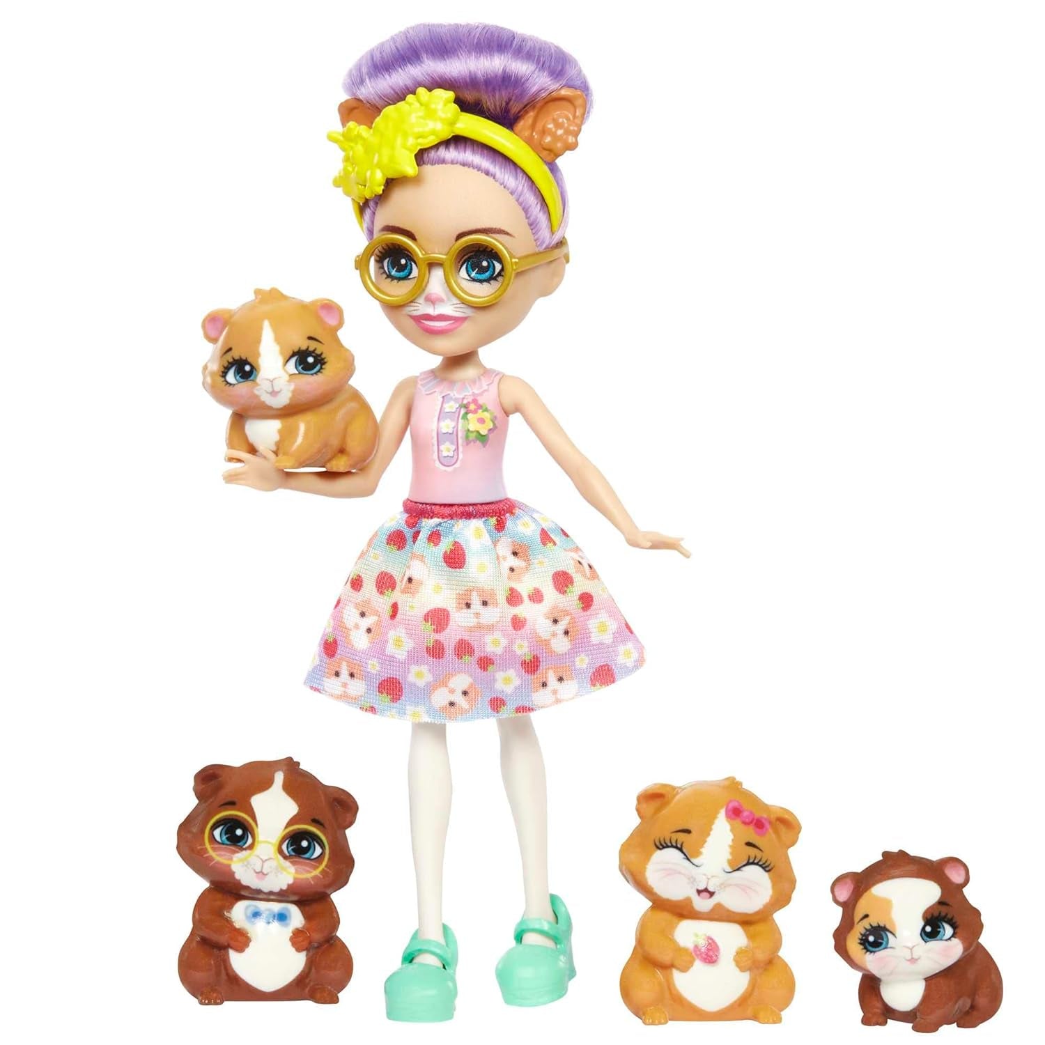 ENCHANTIMALS City-Tails Glee Guinea Pig Family - Păpușă Cobai cu 4 figurine adorabile Cobai, pentru copii cu vârsta de 4 ani și peste, HHB84