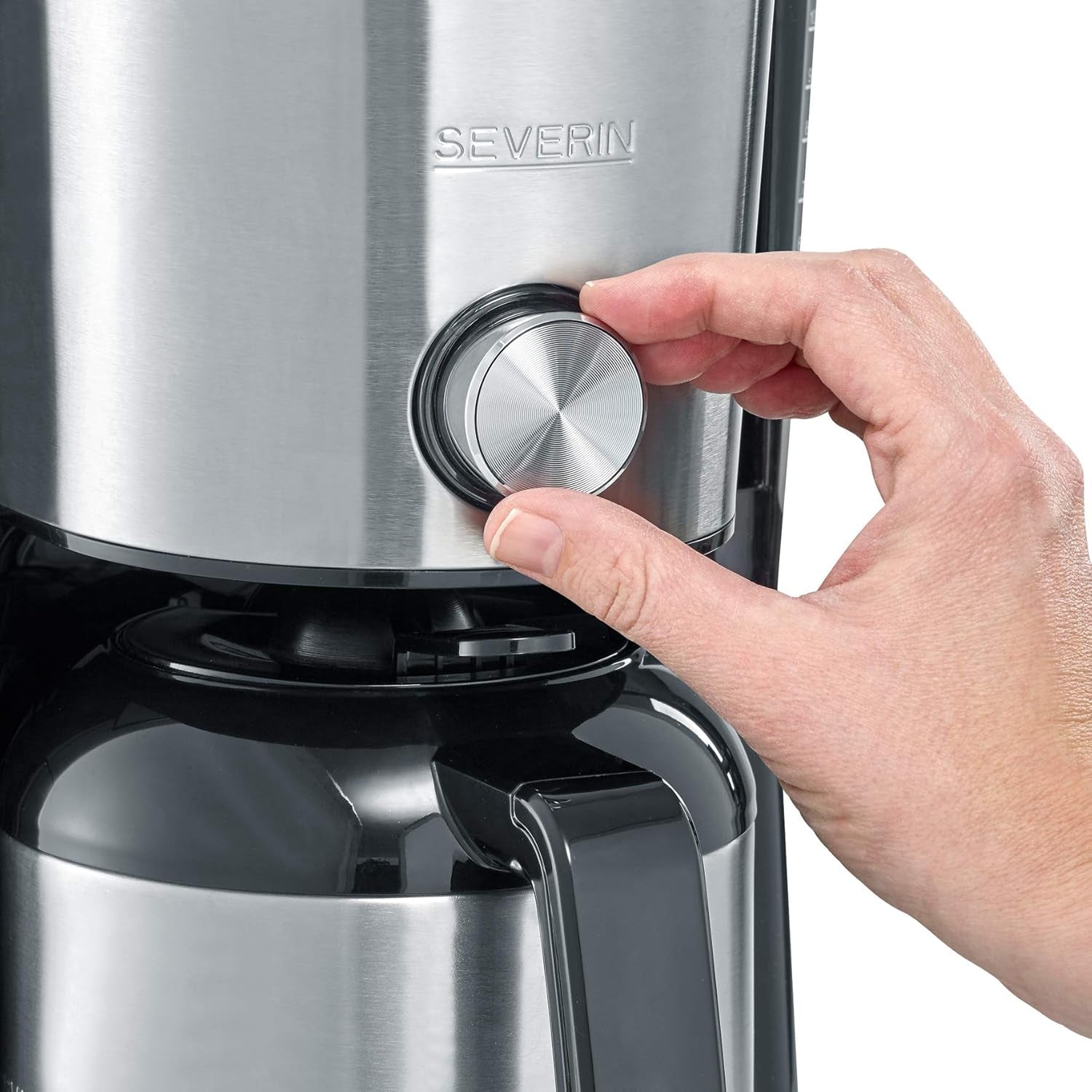 Espressor SEVERIN „TypeSwitch” cu carafă termică, AromaSwitch pentru alegerea între 2 profiluri de preparare, aparat de cafea pentru până la 10 cești, 1000W, oțel inoxidabil periat-negru, KA 4845