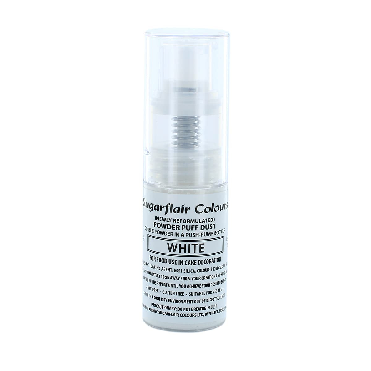 Spray pudră cu pompă Sugarflair, alb - colorant alimentar pentru decorarea torturilor, spray fără aerosoli pentru torturi, brioșe și multe altele - 10 g