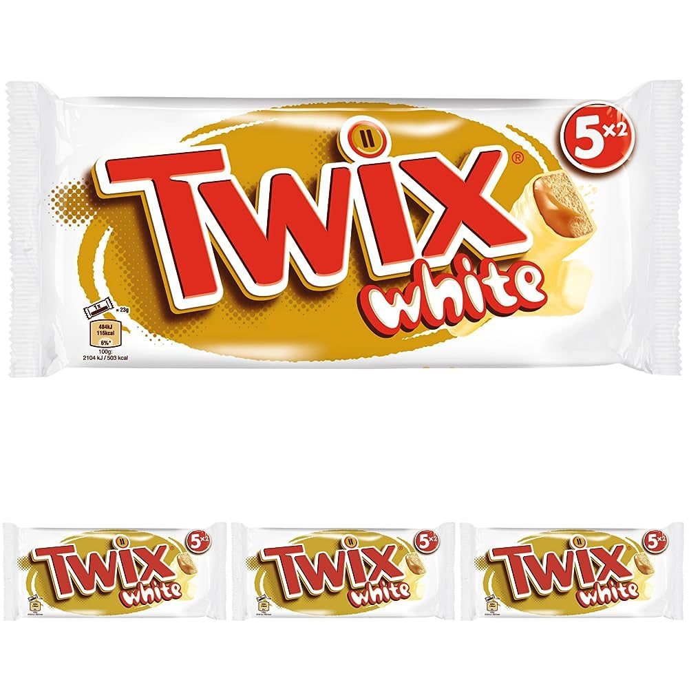Batoane de ciocolată albă Twix | Caramel, Biscuite, Ciocolată albă | Pachet multiplu de ciocolată | 5 batoane (5 x 46 g) (Pachet de 4)