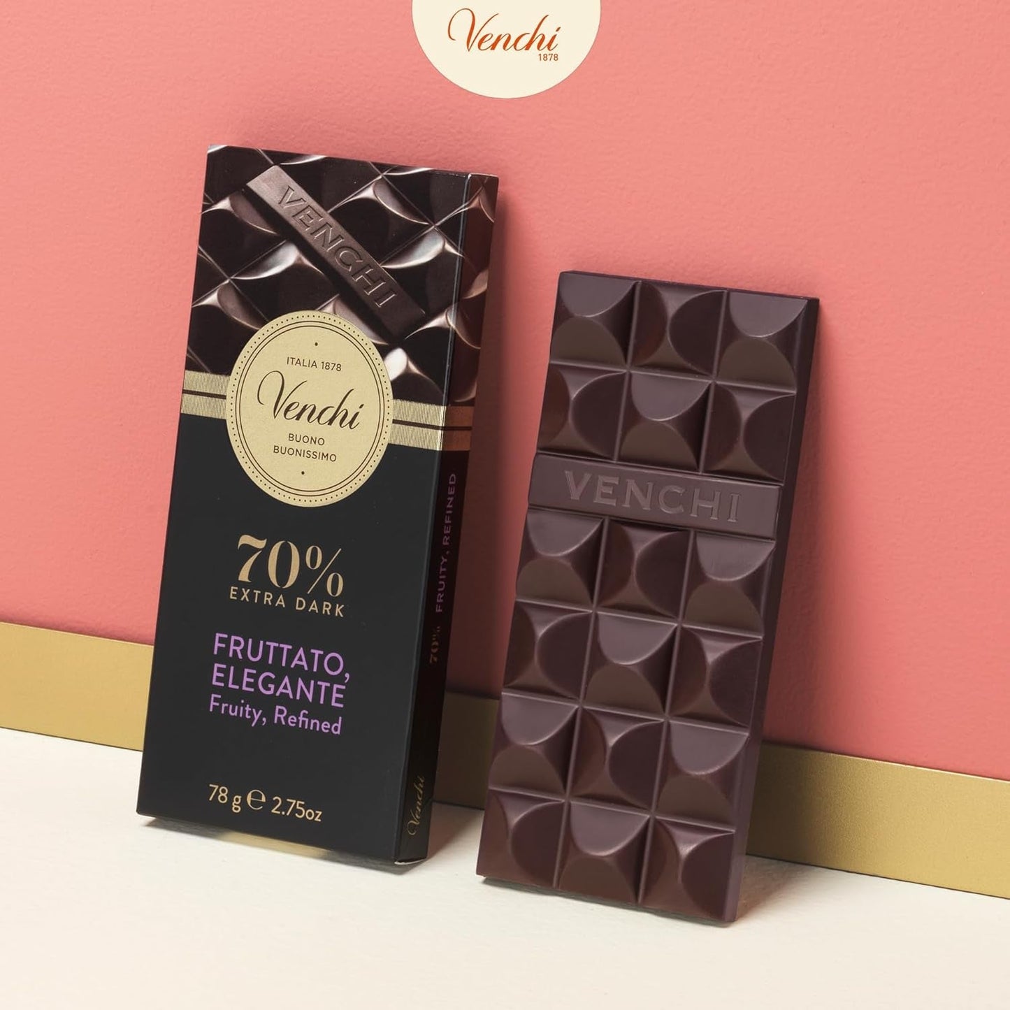 Venchi - Ciocolată neagră 70%, 78 g - Cu amestecuri de cacao selectate - Fără gluten - Vegan