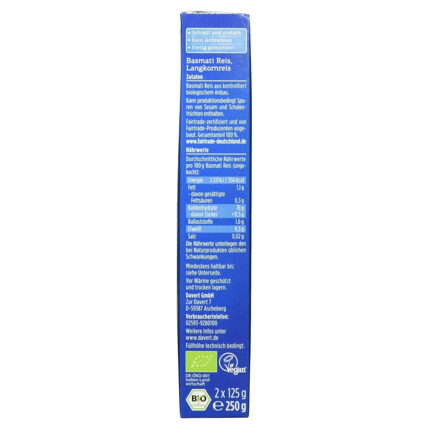 Orez Basmati organic Davert în pungi de gătit, 2 pungi, 250g