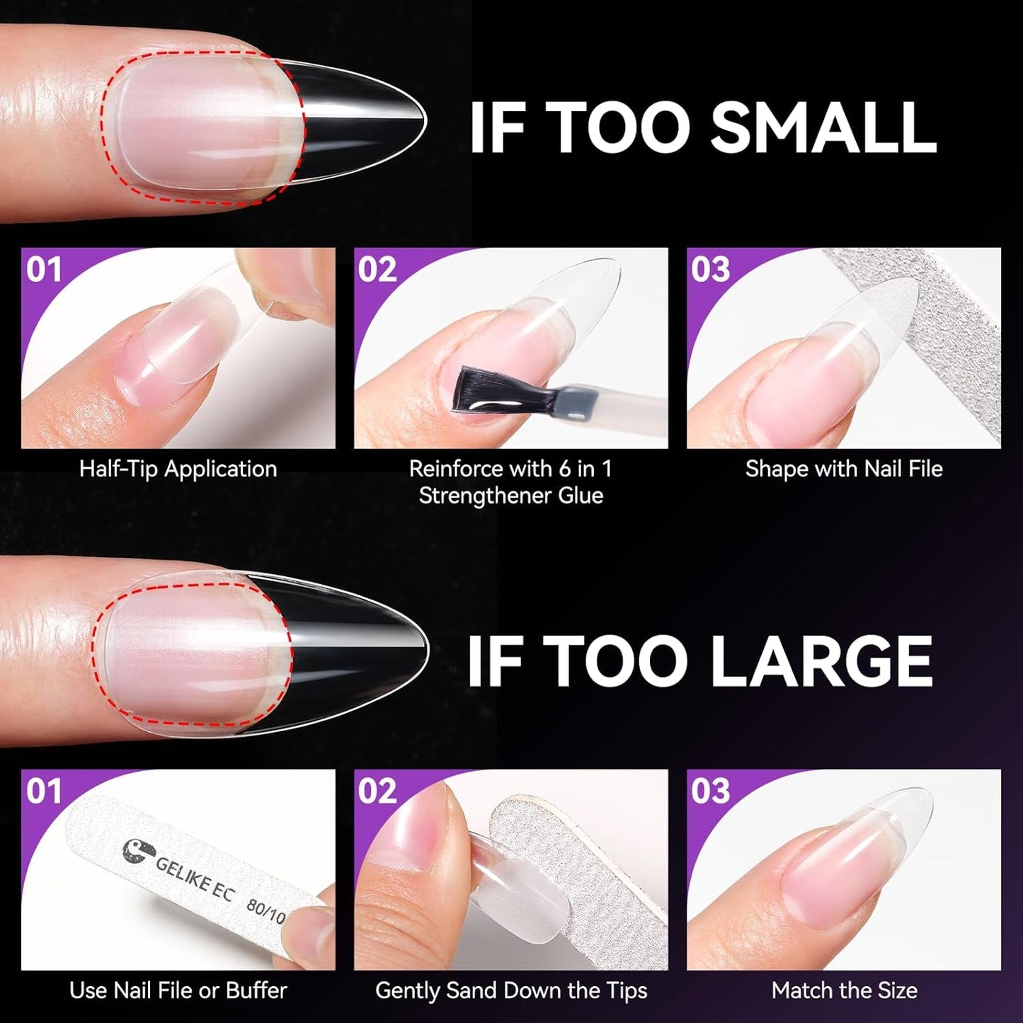 Gelike Ec Scurte Unghii Migdalate – Unghii Moi cu Acoperire Completă, Unghii Artificiale Pre-Lustruite pentru Extensii de Unghii, Studio de Unghii pentru Acasă, Salon DIY, 120 Bucăți, 12 Mărimi