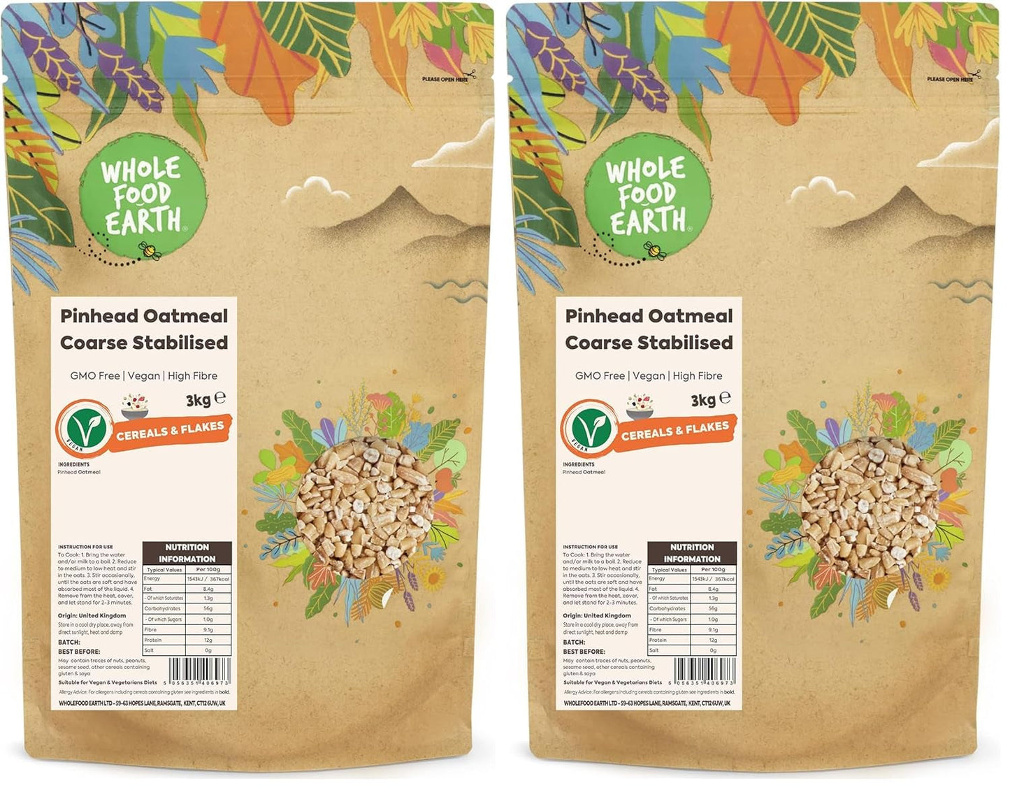 Fulgi de ovăz Wholefood Earth Pinhead, stabilizat grosier, 3 kg | Fără OMG | Bogat în fibre