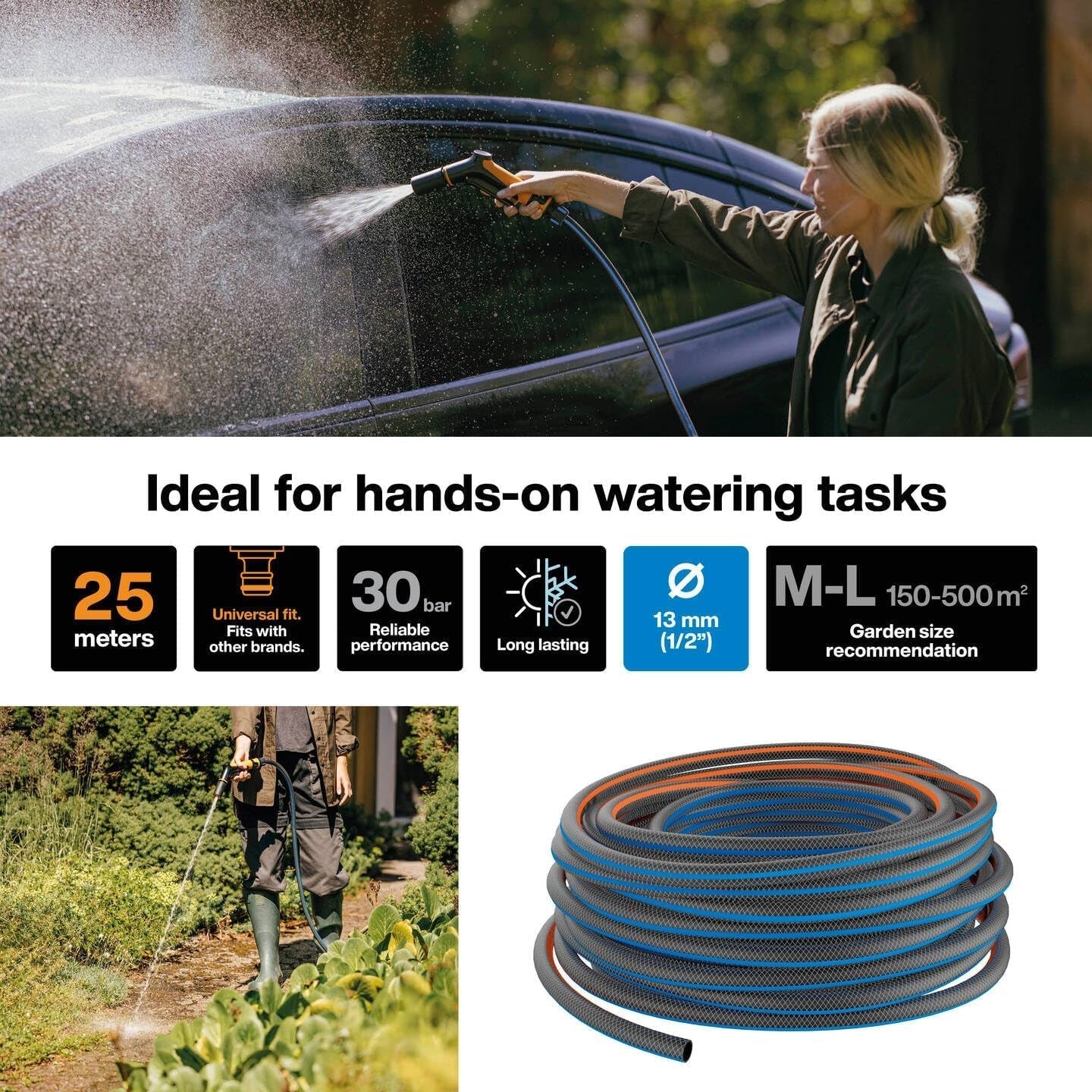 Furtun de grădină Fiskars ML, seria X, furtun de apă pentru udare manuală, 13 mm (1/2"), lungime: 25 m, racord universal, protecție UV, protecție la îngheț, rezistent la răsucire, albastru, 1076045