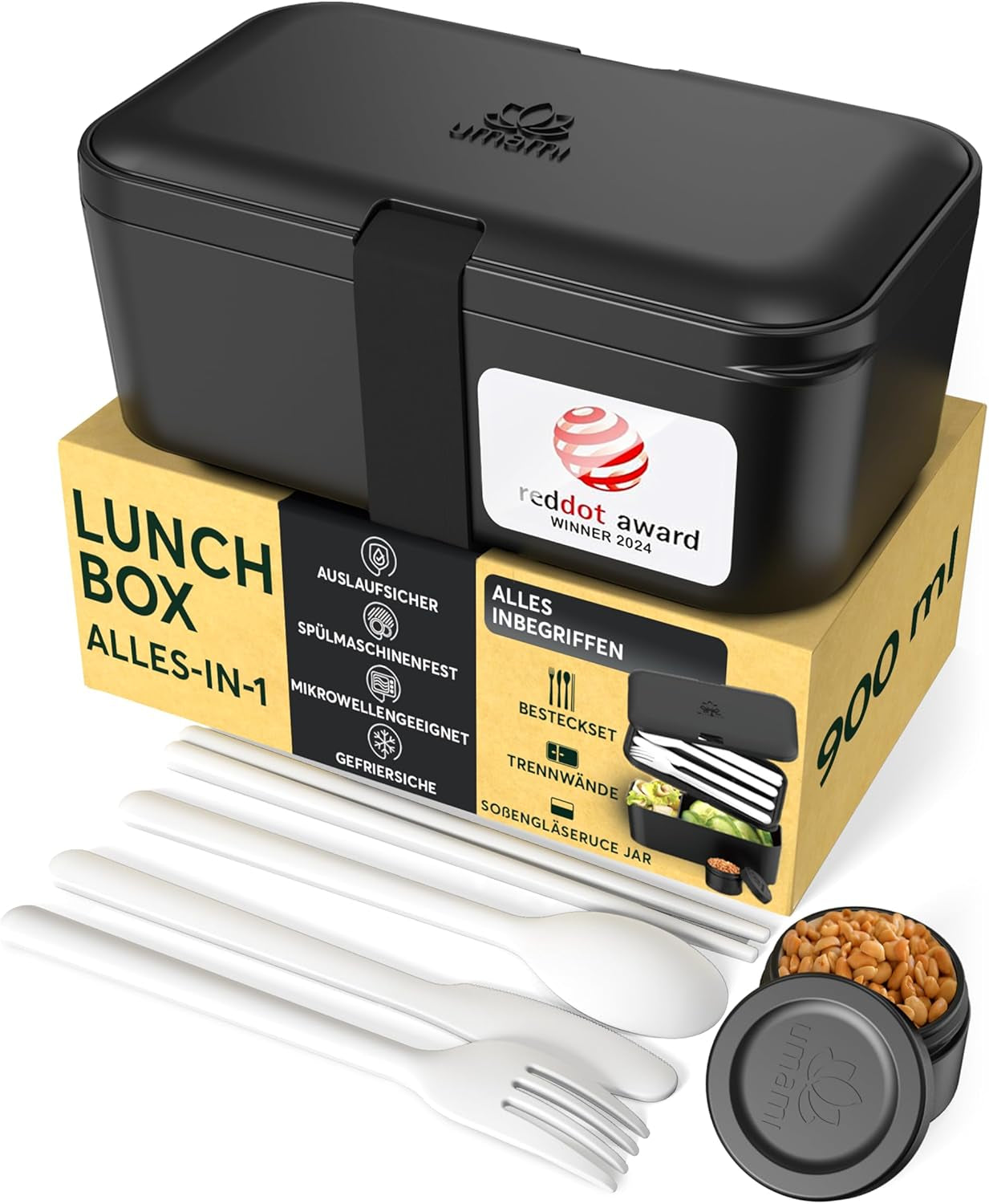 Cutie de prânz Umami pentru adulți, cutie bento stivuibilă etanșă cu 4 tacâmuri și compartimente, cutie de prânz pentru adulți, recipient pentru salată to-go, cutie de prânz pentru picnic / birou, gri cărbune, 1500 ml Cutii depozitare alimente Naty Shop Onyx Negru - 900 Ml M - 900/1000 Ml