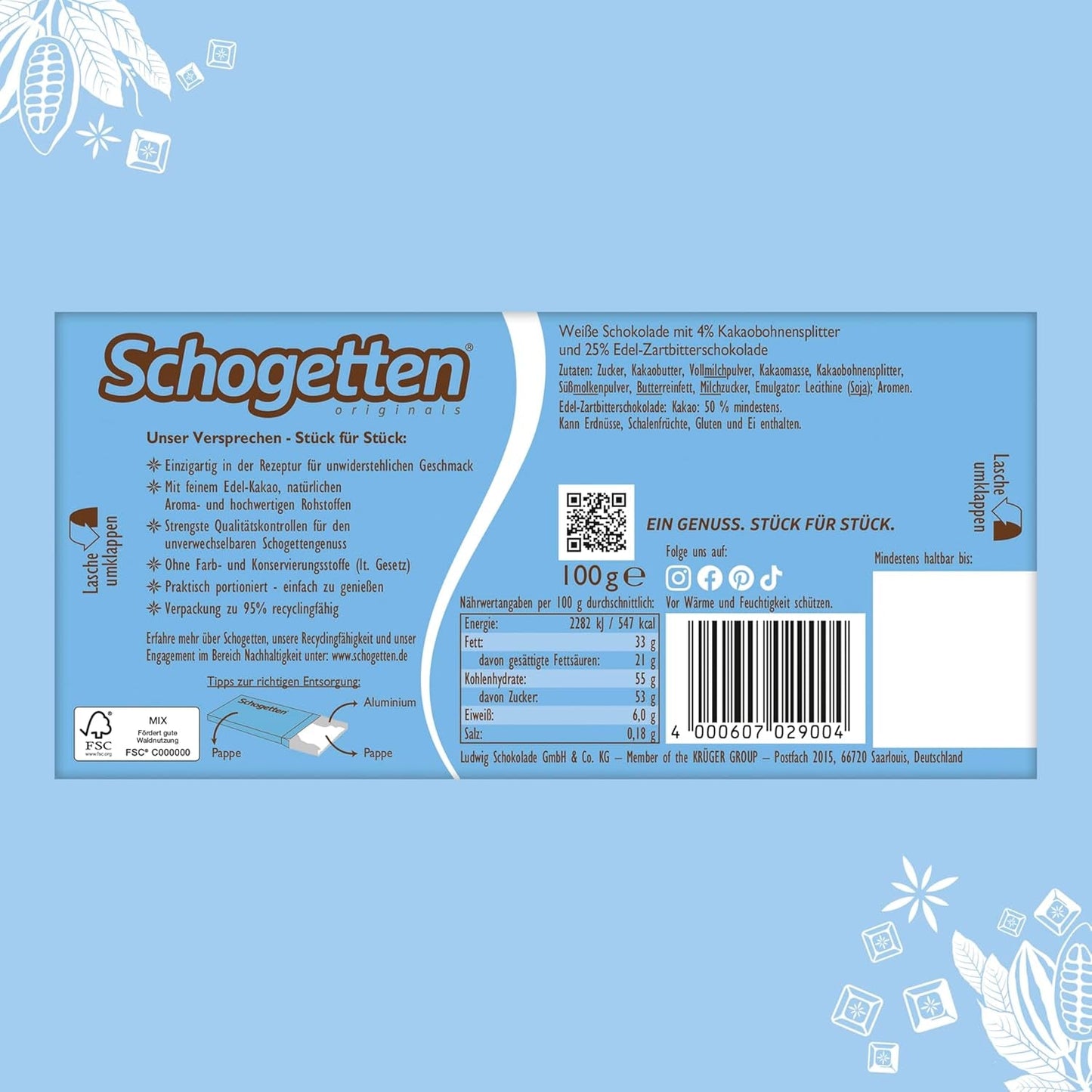 Baton de ciocolată Schogetten Stracciatella 100g, porționat individual. O încântare. Bucată cu bucată.
