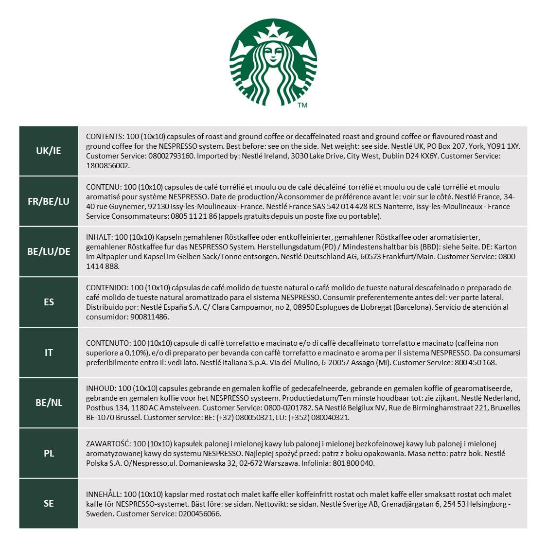 STARBUCKS Espresso Roast by Nespresso, Dunkle Röstung, Kaffeekapseln 10 x 10 (100 Kapseln)